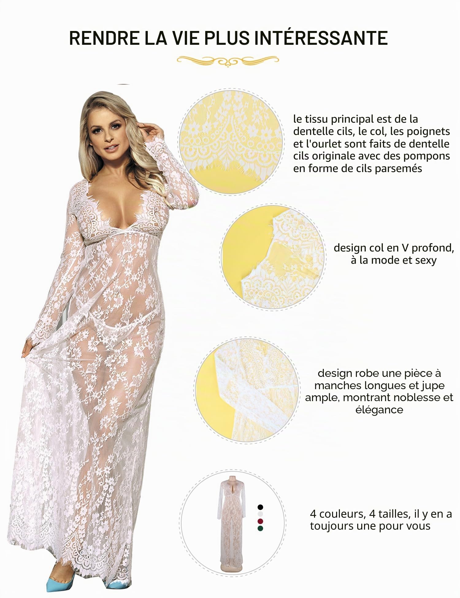 comeondear Femme Nuisette Sexy Longue Col V Grande Taille Robe De Nuit à Manches Longues Blanche Dentelle Transparent Robe Maternité String