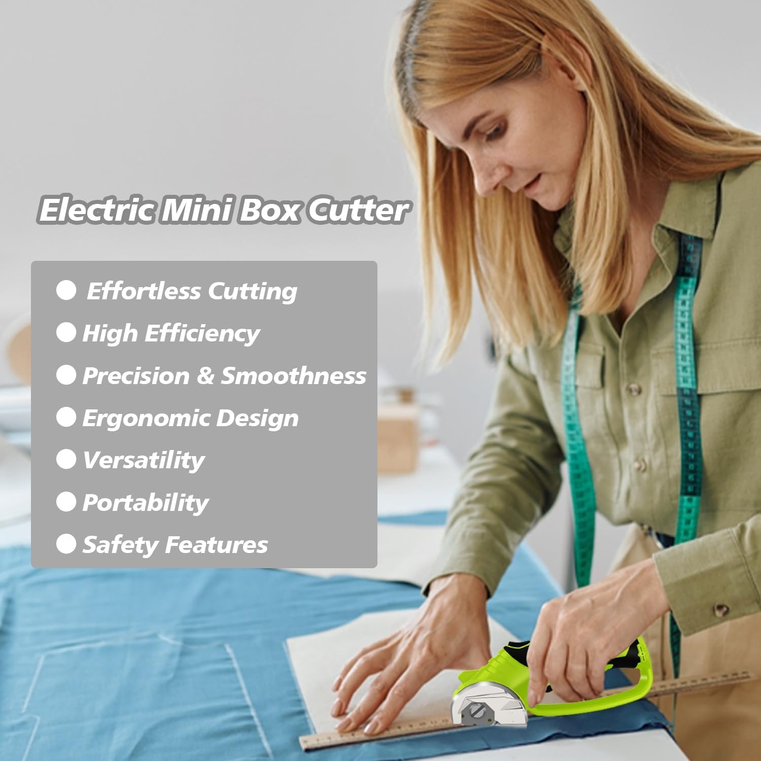 Cordless Electric Scissors, 4V Rechargeable Box Cutter & Cardboard Cutter with Titanium Blade, LED Light, Safety Lock - Rotary Cutter for Fabric, Leather, Carpet, Plastic, Crafting, Sewing (Green)