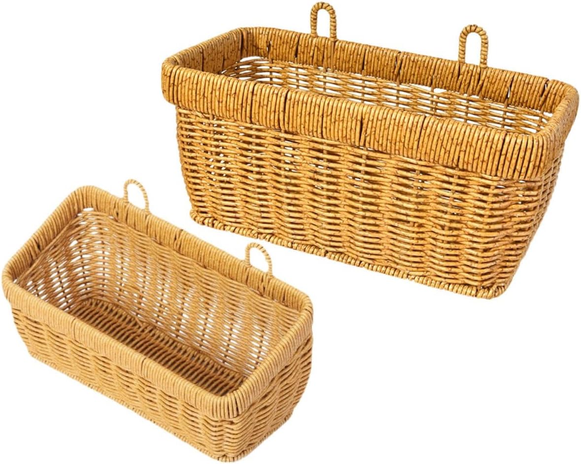 2pcs Kitchen Wall Hanging Baskets Set, Fake Rattan Woven Vegetable and Fruit Storage Bins with Hooks, Space-saving Kitchen Organizer for Garlic, Onion, and Eggs, Light Brown Large