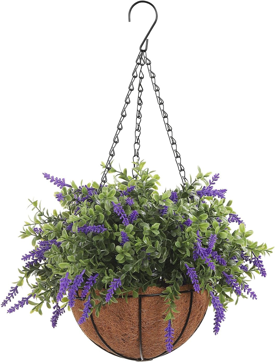 Artificial Lavender Hanging Fake Flowers with Basket Plants for Outdoor Decoration, UV Resistant Fake Hanging Planters for Spring Summer Patio Garden Front Porch Home Decor