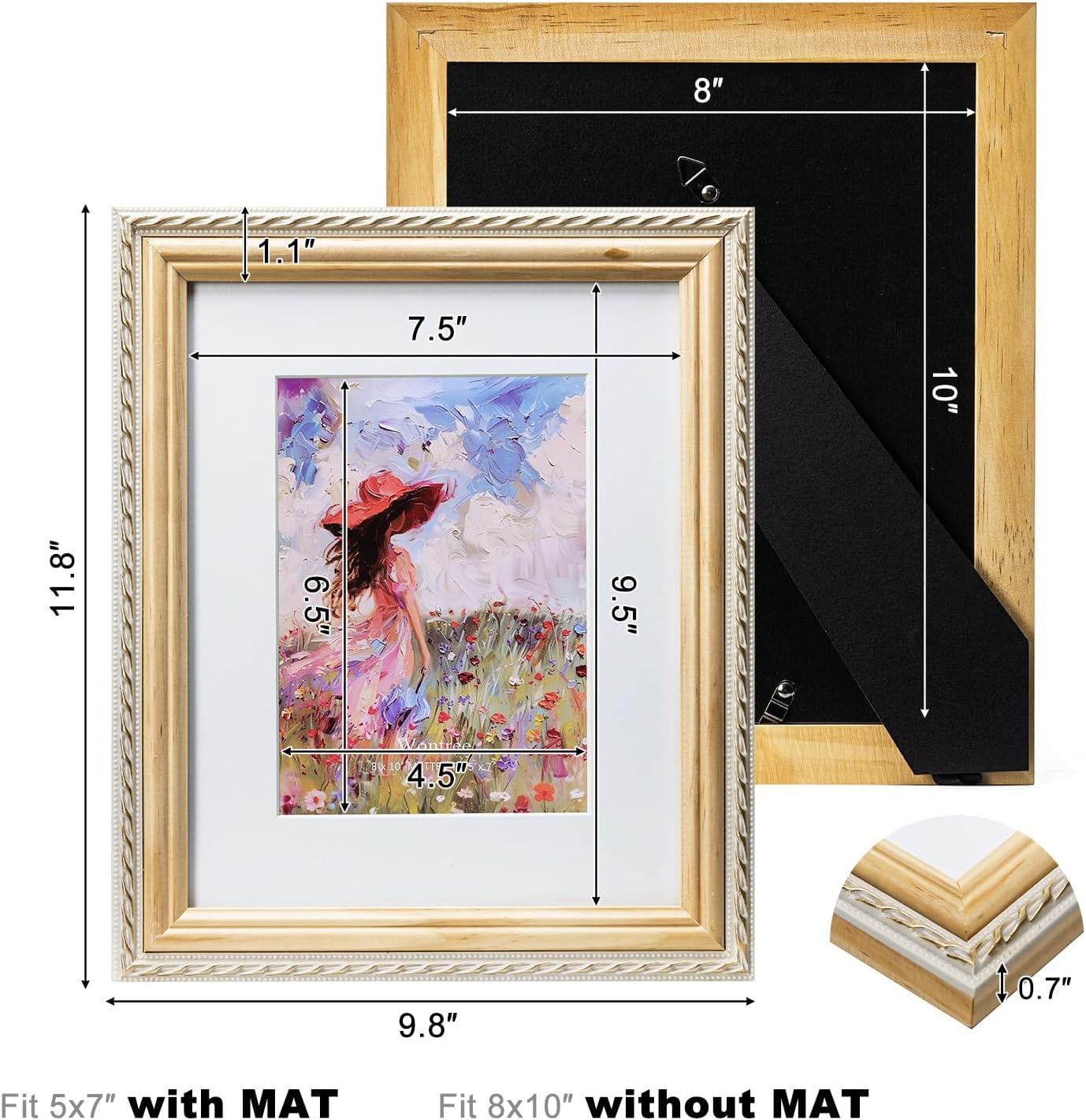 8x10 Natural Picture Frame, Gold-Toned Rope Edging, Pine Wood with Real Glass, Display 8x10 Photos Matted to 5x7, Vertical and Horizontal Desk Tabletop or Wall Hanging