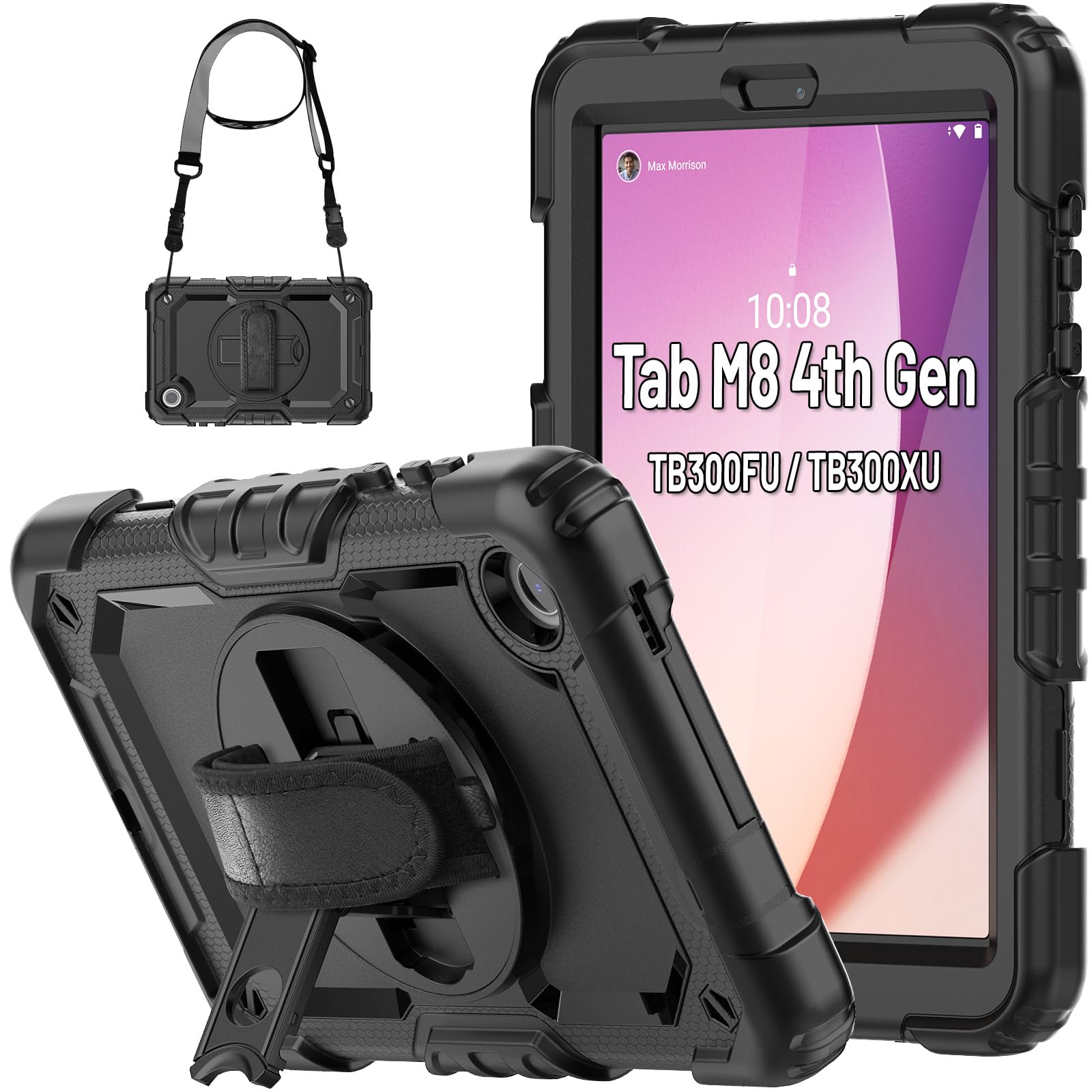 SEYMCYfor Lenovo Tab M8 4th Generation Case, TB-300FU, Lenovo M8 4th Tablet Case 8 Inch with Screen Protector, 360° Rotating Stand/Hand Strap, Carrying Strap Shockproof Case for Lenovo Tab M8, Black
