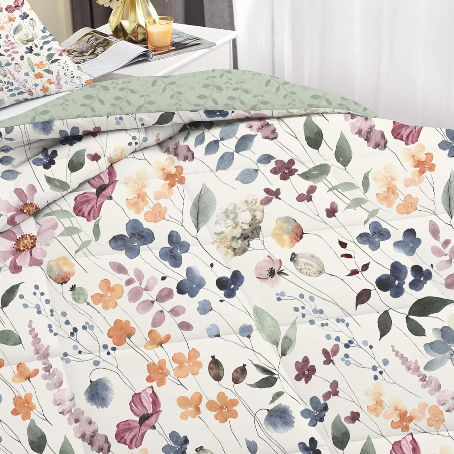 Beige Floral Queen Comforter Set, Lightweight Sage Green Plants King Duvet Comforters for All Season, Soft Microfiber Bedding Set 3 Pieces - 1 Reversible Comforter Duvet Insert + 2 Pillowcases