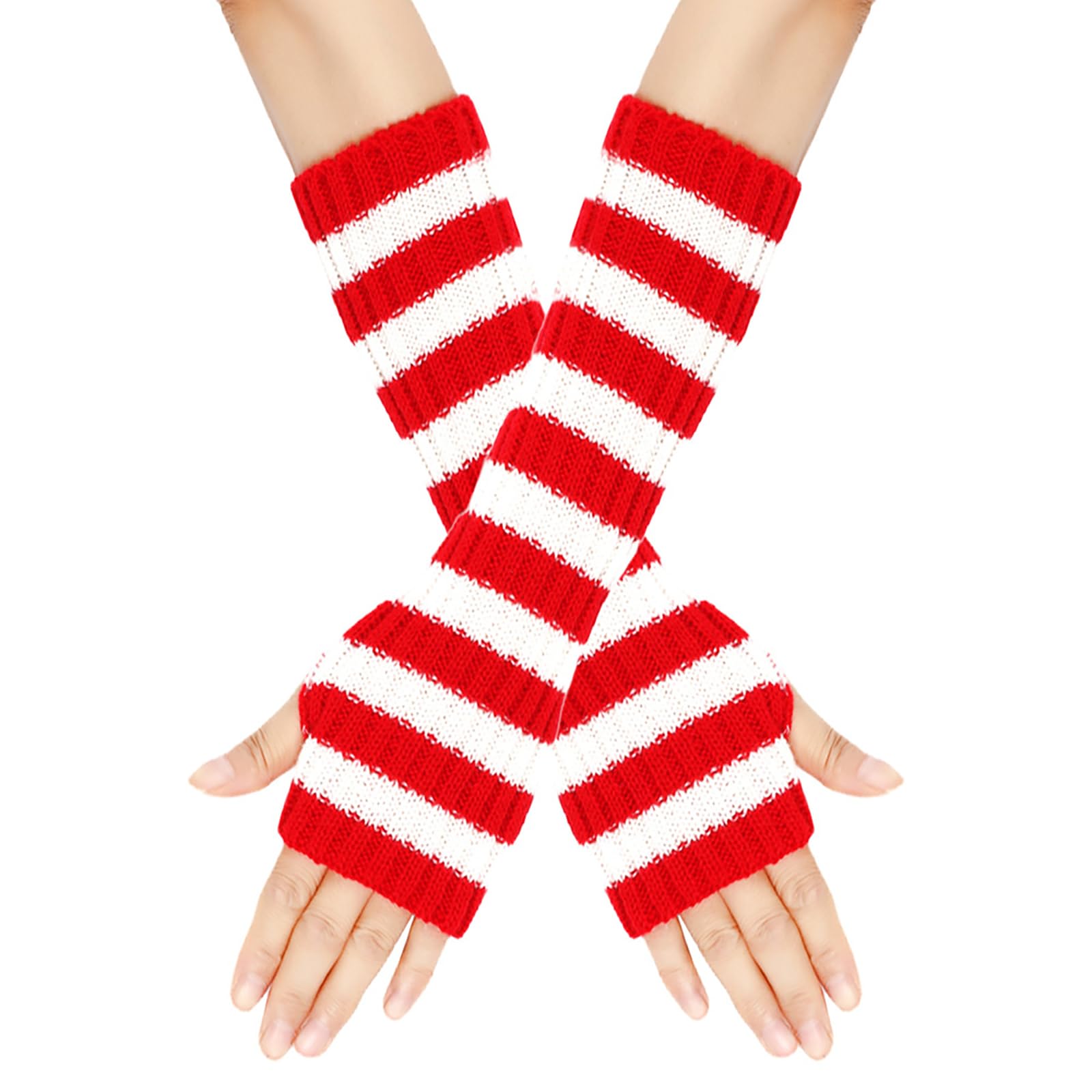 BAIMORE Striped Long Fingerless Knitted Gloves Christmas Party Winter Arm Warmers for Men Women