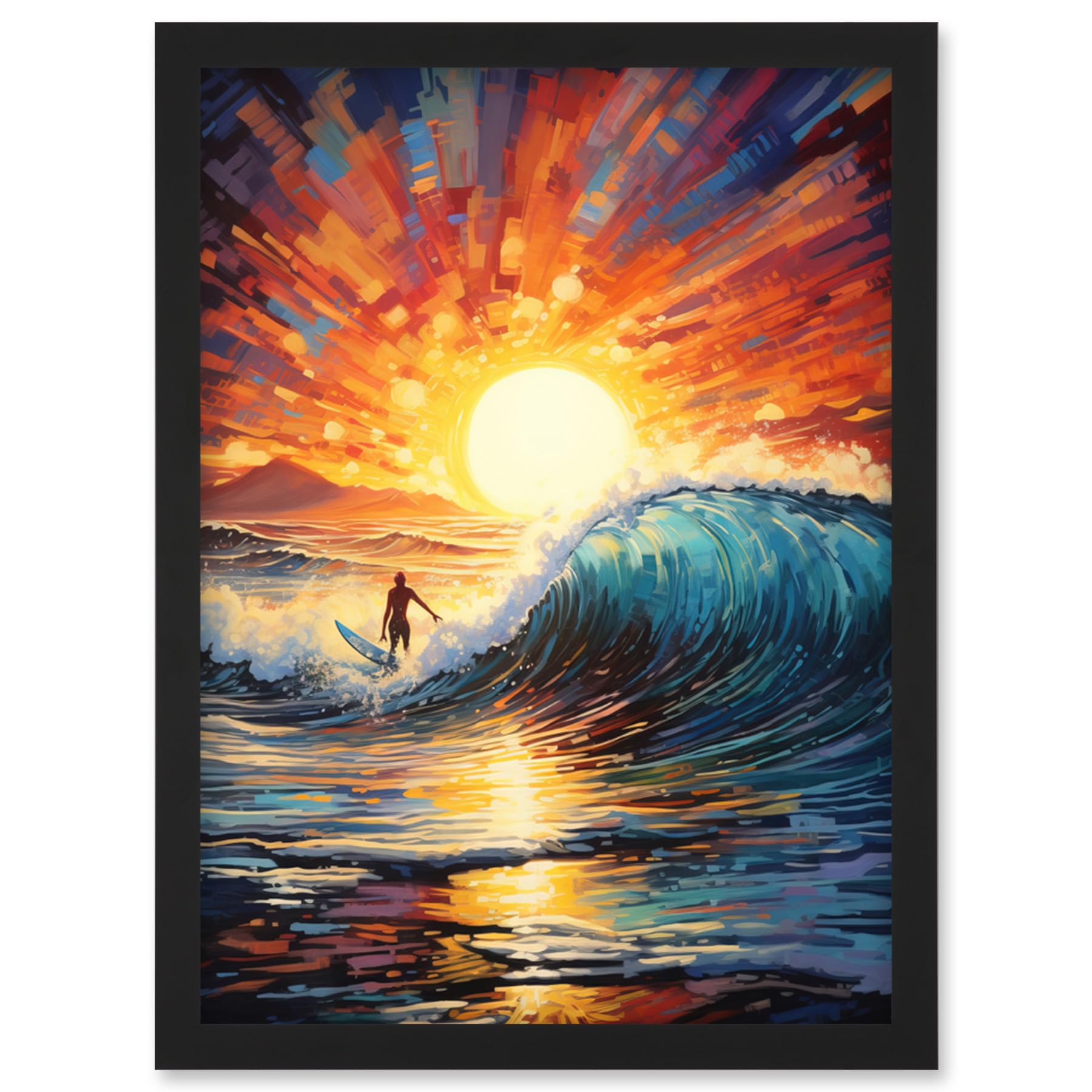 Artery8 Sunset Surf Waves Surfing Artwork Vibrant Blue Purple Orange Setting Sun Behind Surfer in Wavy Seascape Artwork Framed Wall Art Print A4