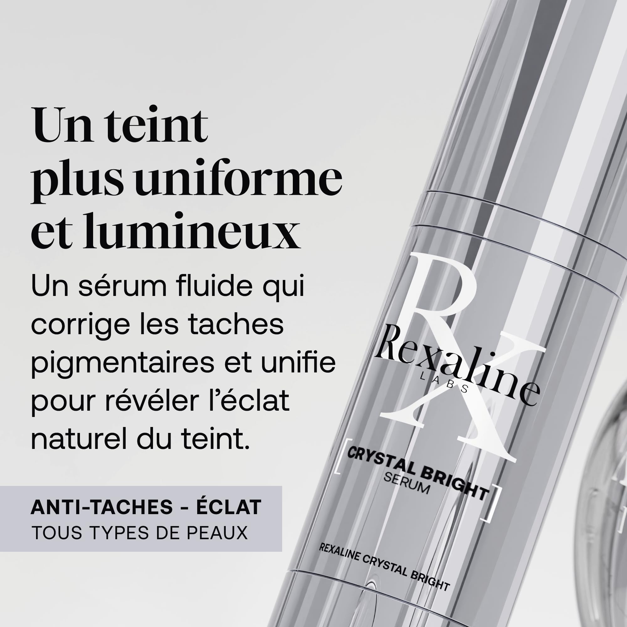Rexaline Crystal Bright Sérum – Sérum Anti-Taches & Éclat – Acide Hyaluronique RX2, Acide Gallique & Niacinamide – Teint Unifié & Lumineux – Tous Types de Peaux – 30ml