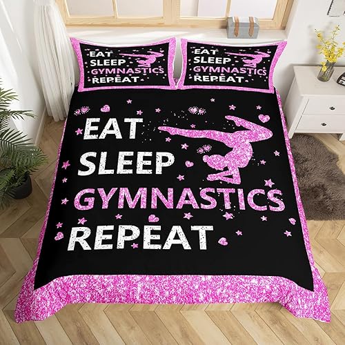 Erosebridal Juego de ropa de cama Queen para niñas, funda de edredón de gimnasia para comer, dormir, color rosa y negro, funda de edredón para