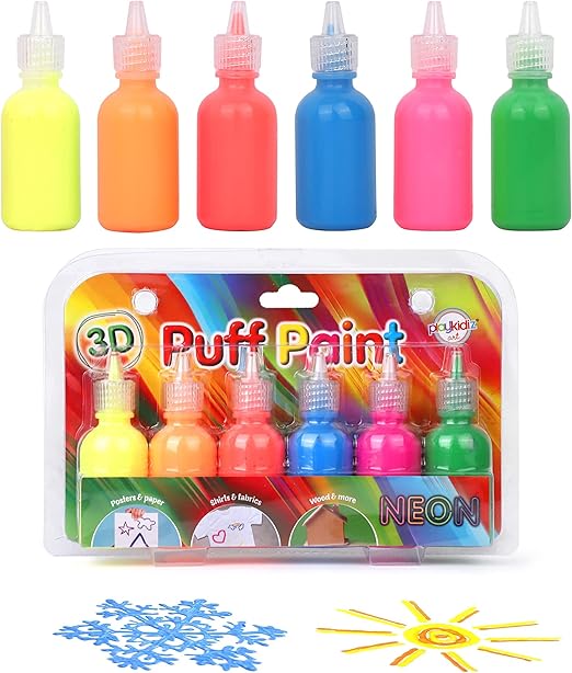 Puff Paint, 6 Pack 3-D Fabric Paint, Neon Colors, Permanent Non-toxic and Washable Paint Set for Kids, Ages 3+