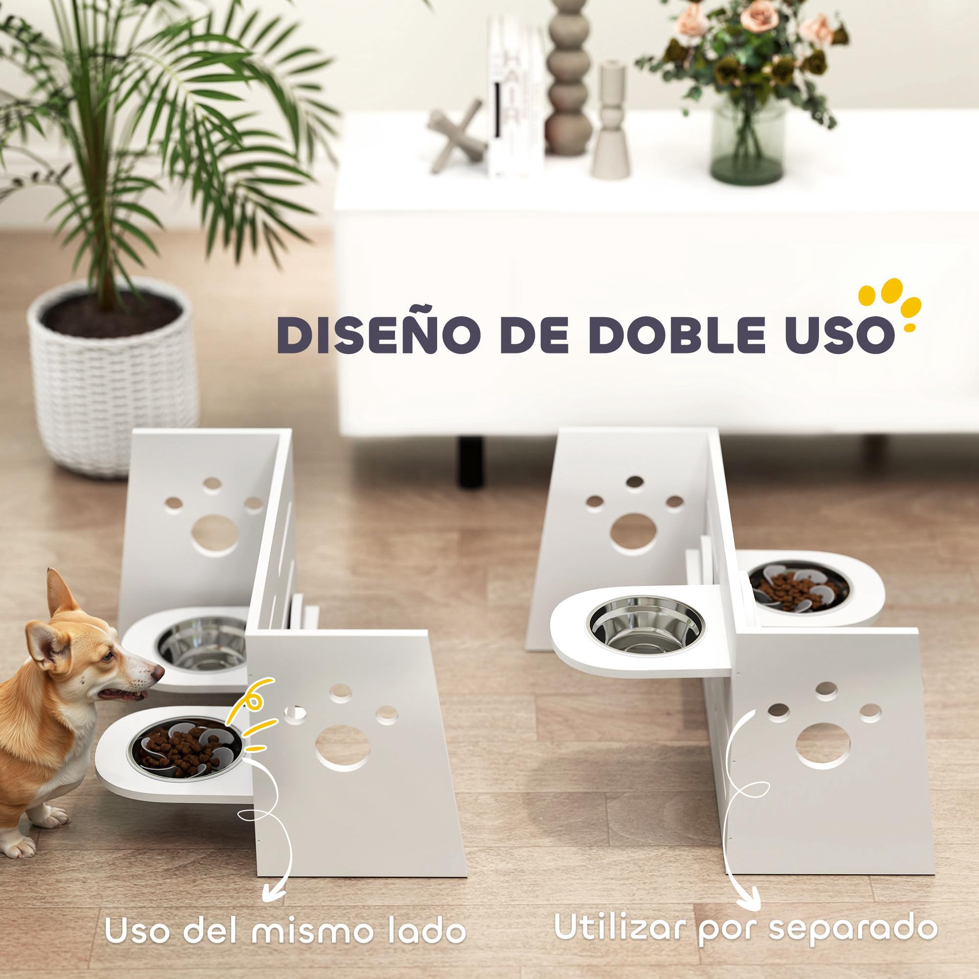 PawHut Comedero Perros Elevado 3 Alturas Ajustables para Perros Blanco | Cuencos 2x1 L, 1 Alfombrilla Antivoracidad, Comedero para Perros Pequeños Medianos y Grandes