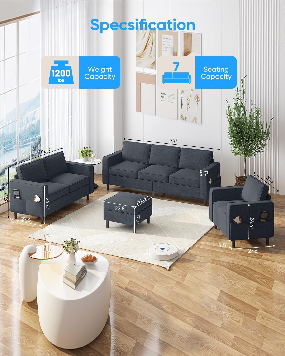 Diagram showing the dimensions of the sofa, loveseat, armchair, and ottoman, along with weight capacity and seating capacity.