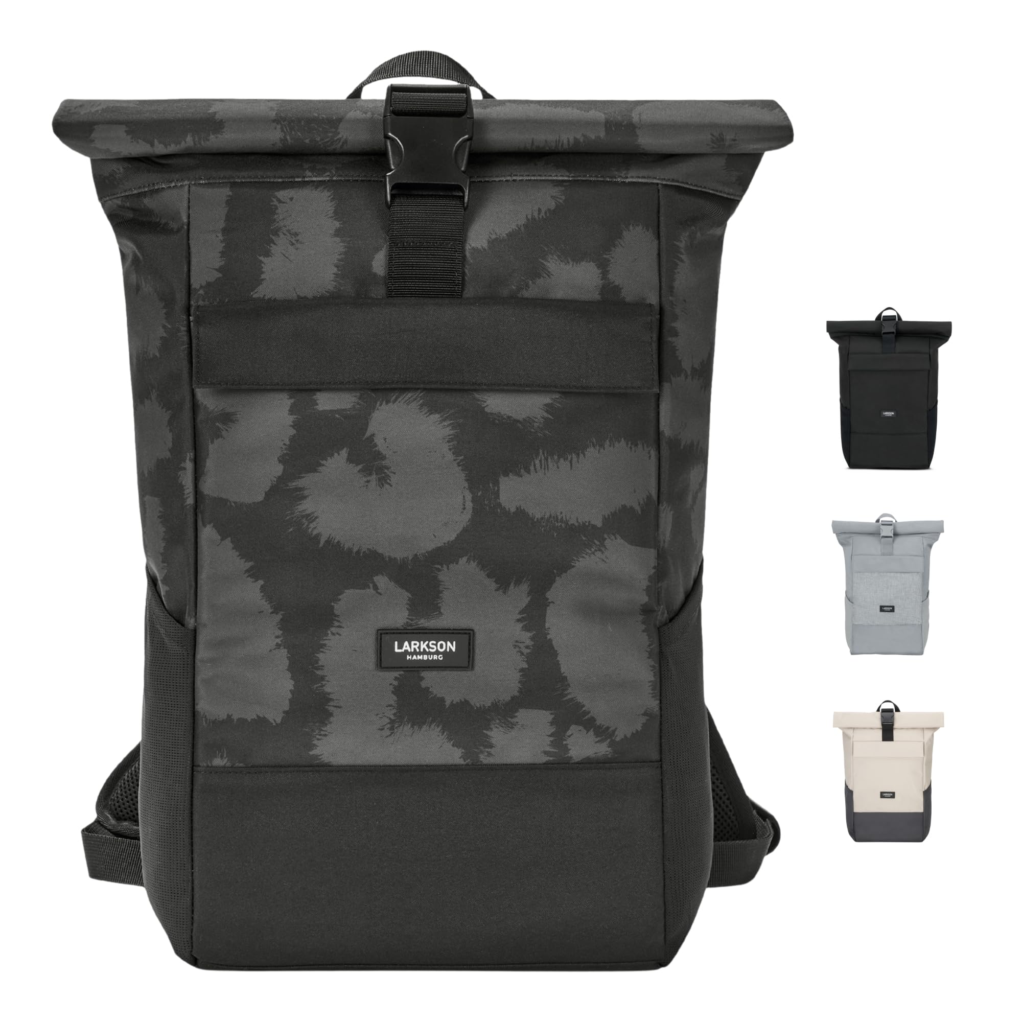 Larkson Roll Top Backpack Women & Men Grey Leo - No 4 - Rucksack for University, School, Office - College Laptop Bag 16 Inches - Water-Repellent