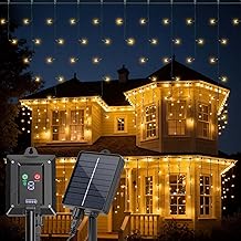 Aigostar Christmas Curtain Lights for Outdoor Solars: 3M+5M*0.6M 100 LED 8 Modes – Outdoor Christmas Light Curtains IP65 Battery Level Display for Weddings Parties Warm White