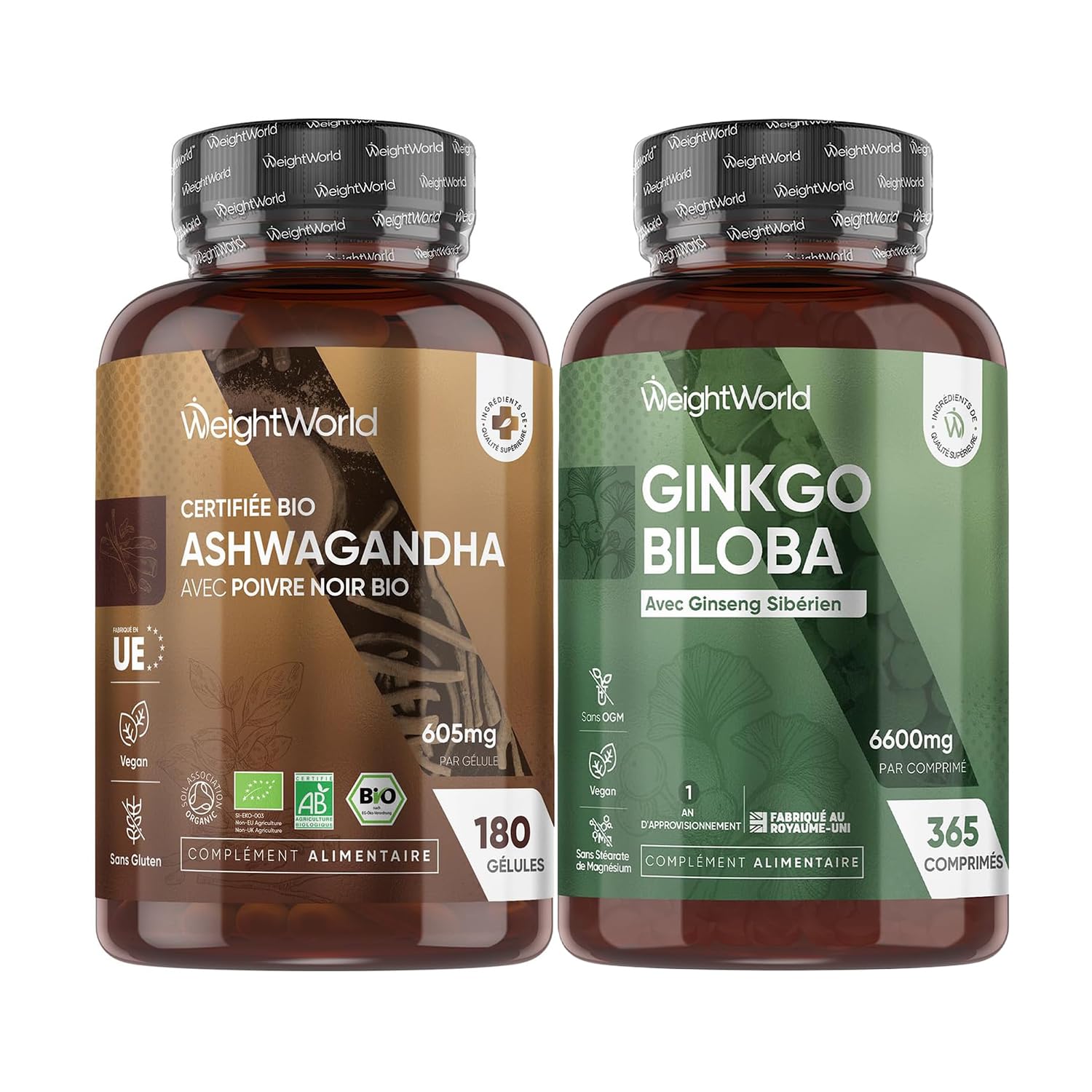 Ashwagandha Bio Gélules - Ginkgo Biloba Ginseng Sibérien Micro-Comprimés