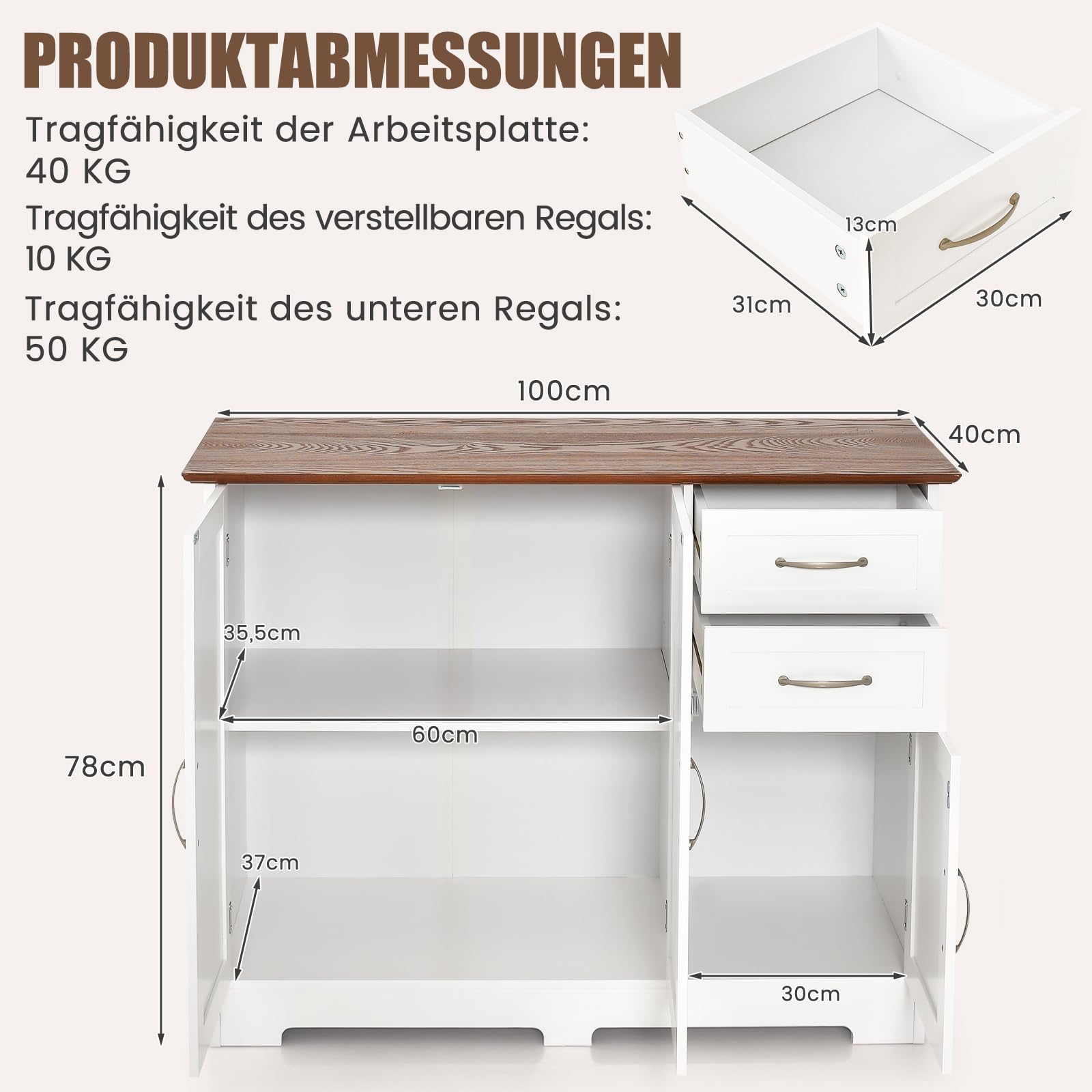 COSTWAY Sideboard weiß, Küchenschrank mit Arbeitsplatte 100 x 40cm, Buffetschrank mit Türen & Schubladen & verstellbaren Ablagen, Kücheninsel für Küche, Esszimmer (Weiß)