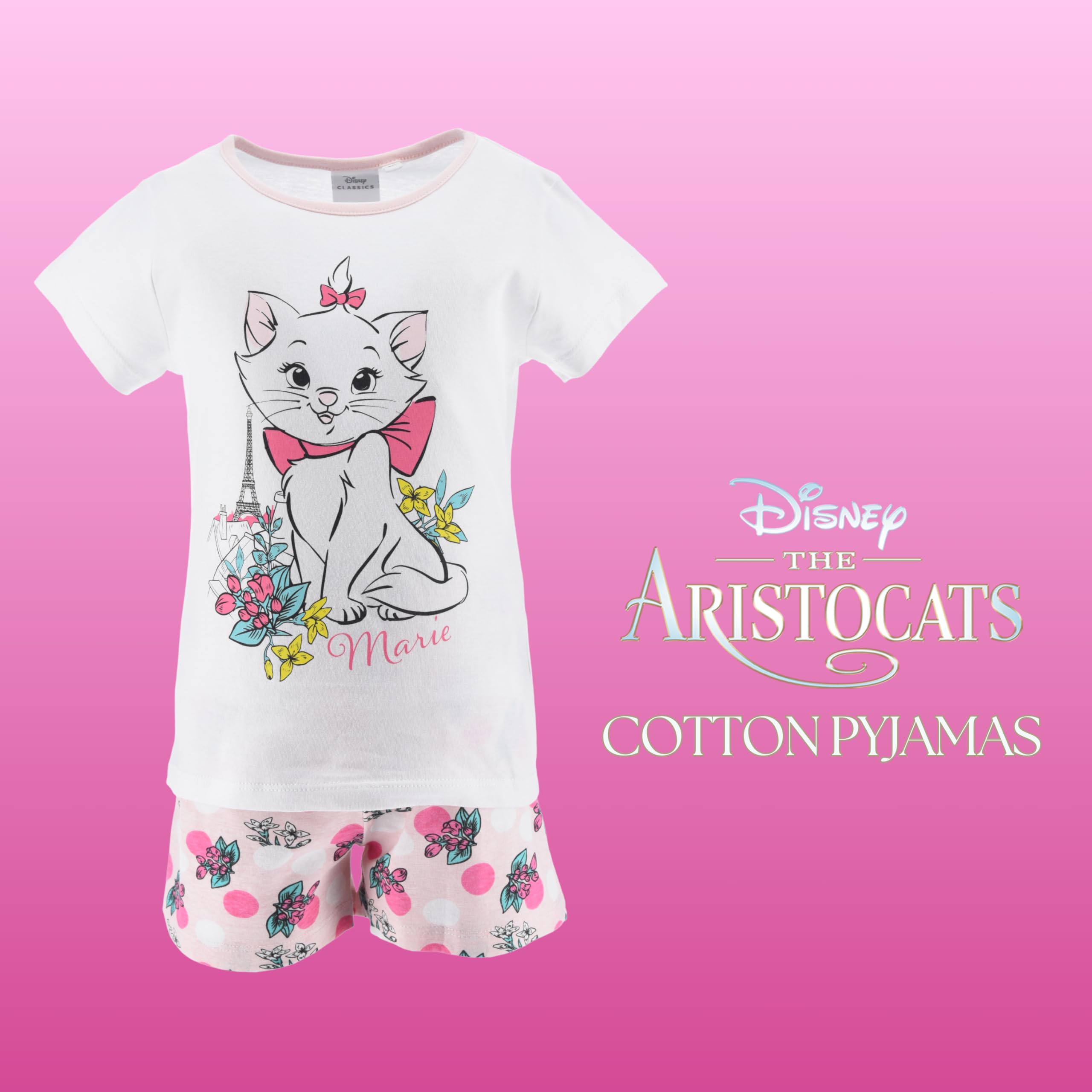 Disney Marie T-Shirt et Short pour Fille, Pyjama Fille en Coton Doux, Motif Aristochats Ensemble 2 Pièces pour Filles, Taille 4 Ans, Blanc