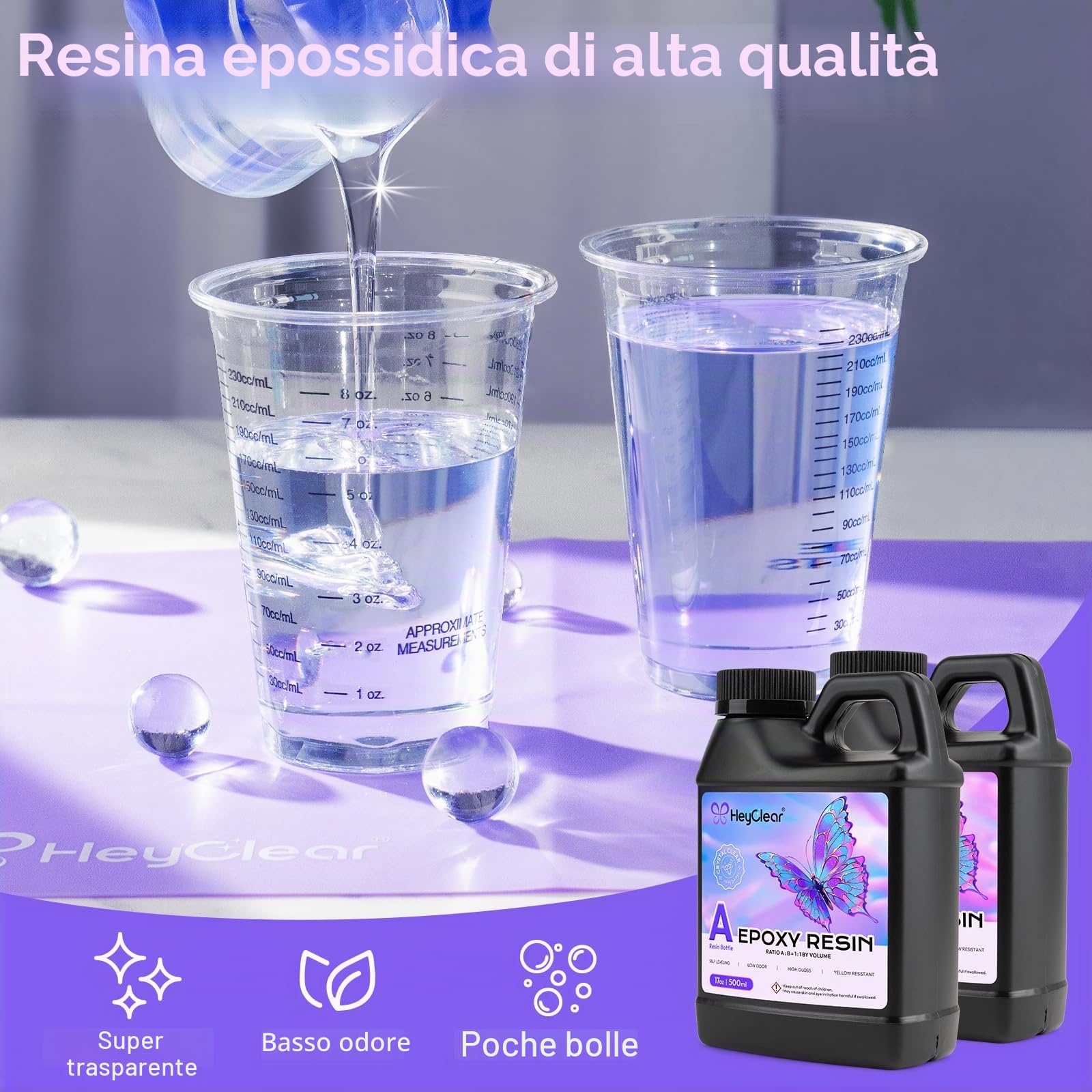 HeyClear 1L Kit Resina Epossidica con Stampi per Cornici Foto, Fai-da-Te | Trasparente, dura, poche bolle, resistente all'ingiallimento, epoxy resin adatta per colate, regali fai-da-te e cornici foto