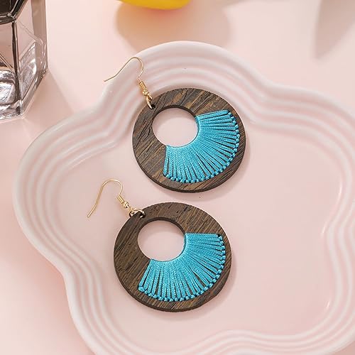 Miniatura 5 de COIRIS - Aretes colgantes geométricos de madera con forma de círculo, de madera hueca, grandes, redondos, ligeros, colgantes