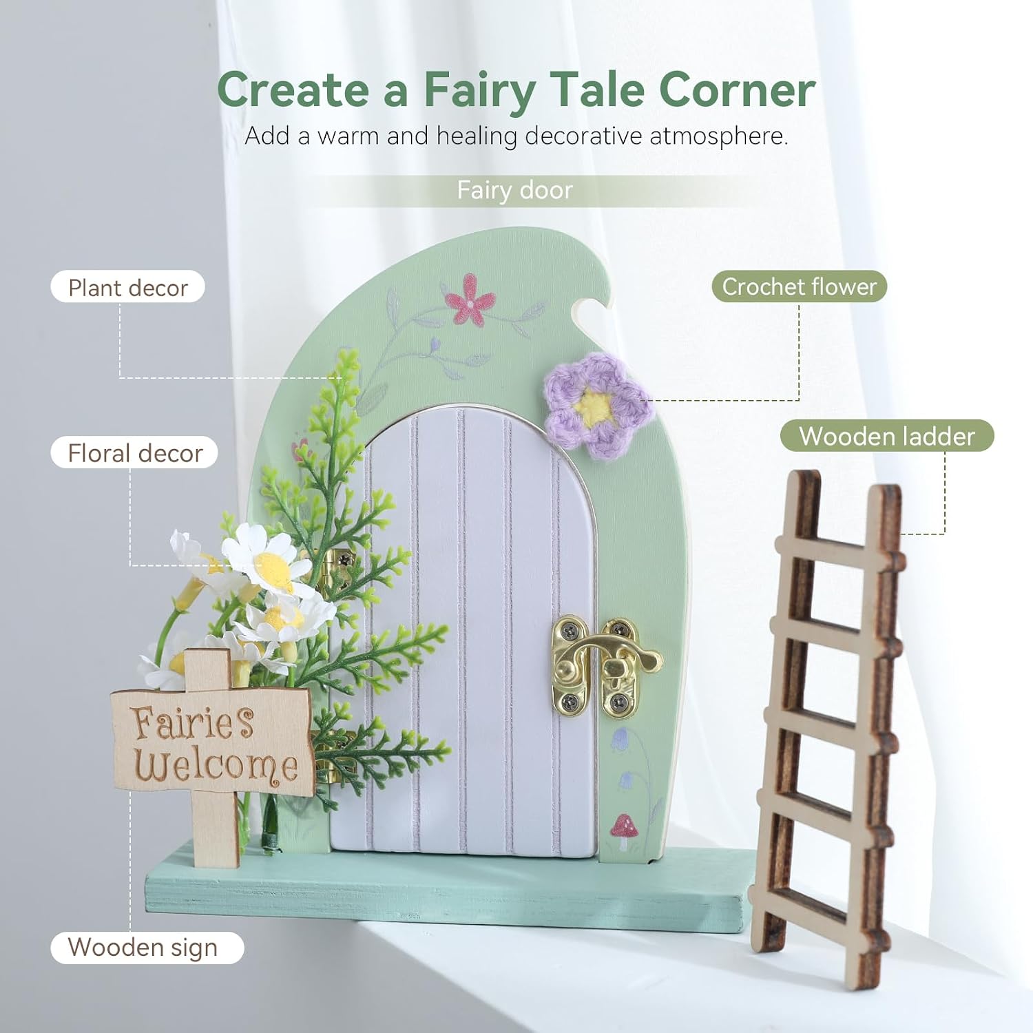 Wooden Fairy Door Miniature Kit, DIY Outdoor Tiny Door with Ladder image 3