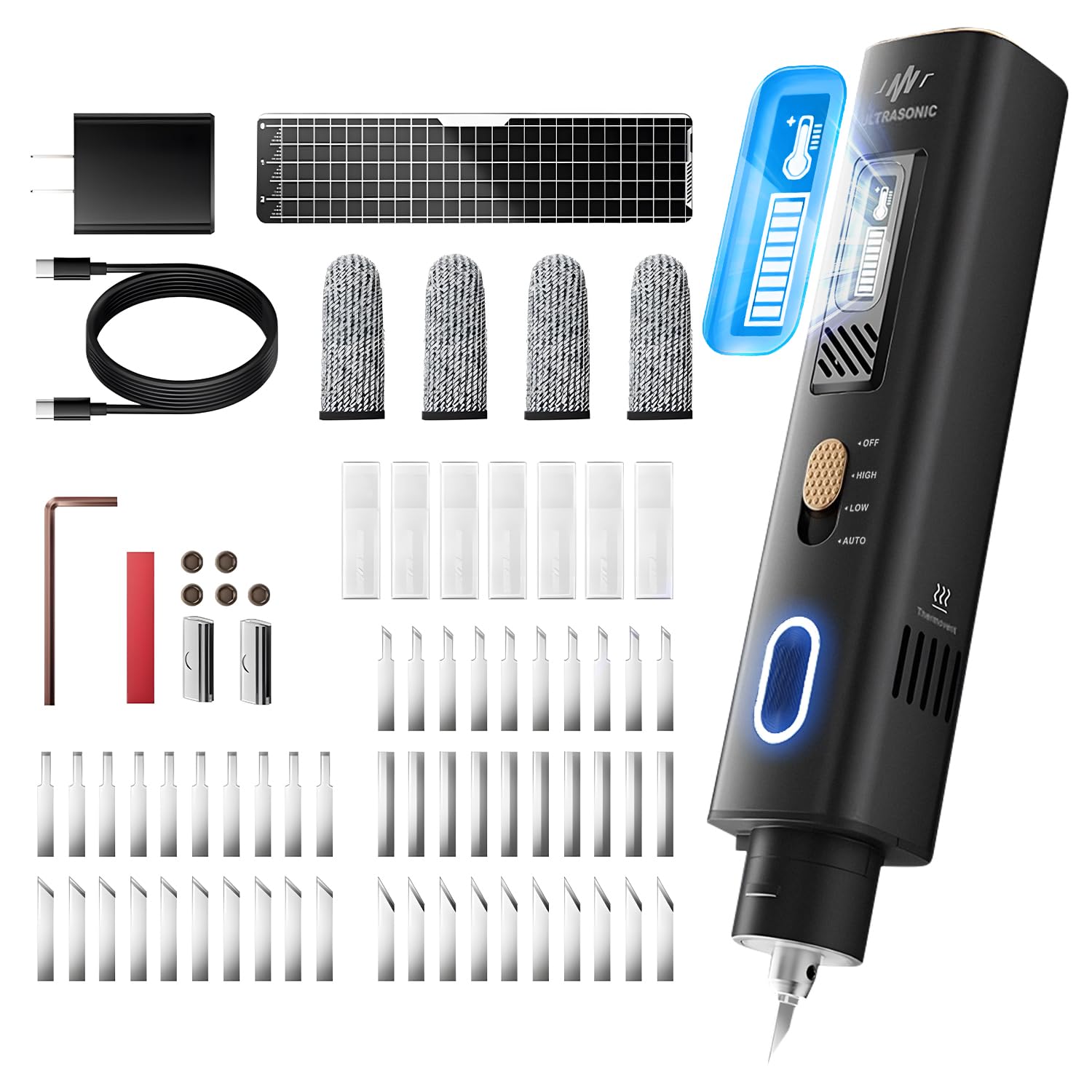 2-in-1-Ultraschallschneider, 35 W leichtes Hand-Ultraschallmesser, Ultrasonic cutter mit 50 Klingen und OLED-Display, geeignet für 3D-Druckmodelle aus Kunststoff, Harz, Polyethylen und Leder