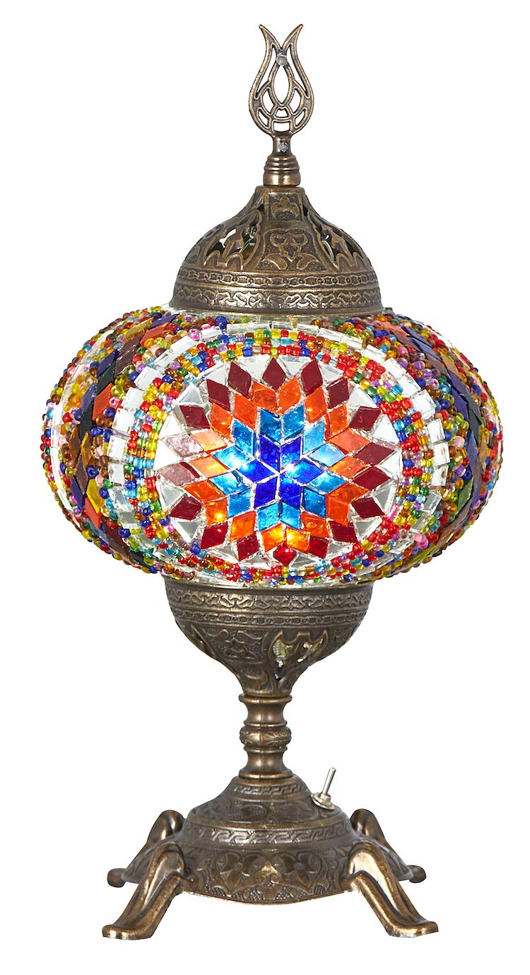 DEMMEX Battery-Operated Turkish Moroccan Mosaic Table Lamp, Portable Stained Glass Lamp for Indoor & Outdoor Use, Cordless Handmade Decorative Light for Balcony, Patio & Camping – 30 cm H (Colorful)
