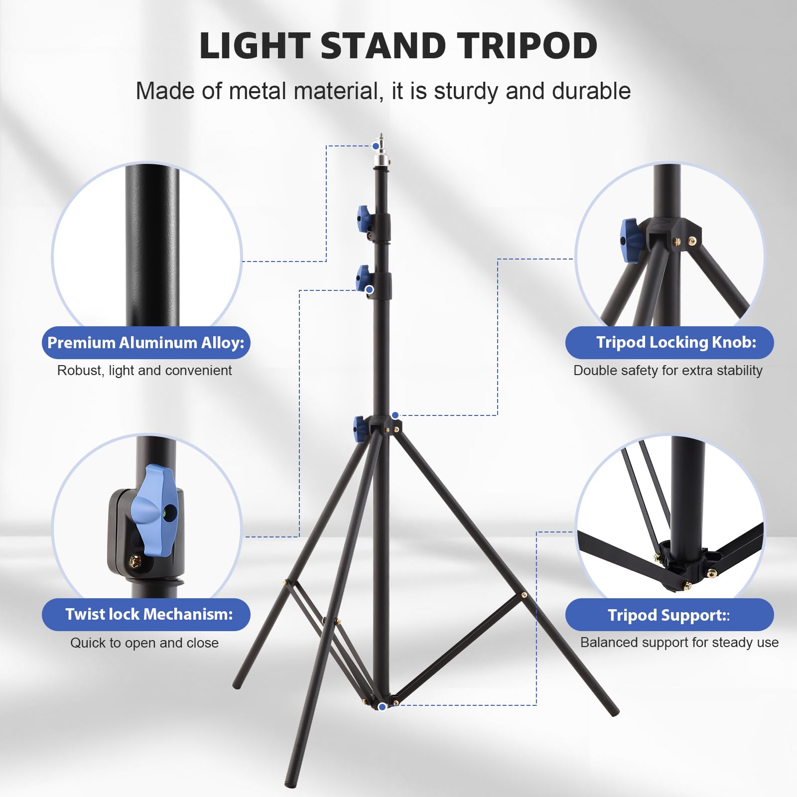 CS033 - Soporte de luz para fotografía, 300 cm, acolchado con resorte, soporte de trípode de fotografía resistente con adaptador de tornillo de 1/4 pulgadas, soporte de iluminación ajustable para
