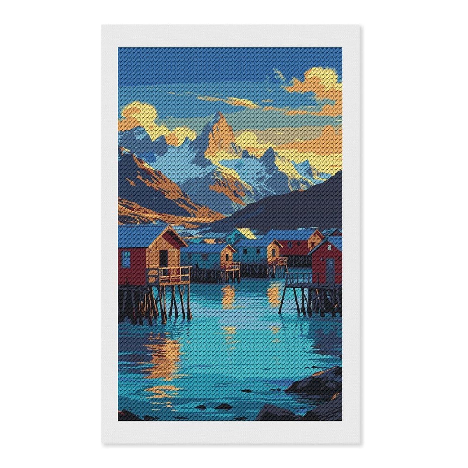 Junmoney Coastal Village with Mountain Backdrop Diamond Art Kit 12"x20", Modern Decor, Farmhouse Decor, Home Wall Art, Festive Craft Gift, Handmade Wall Decor