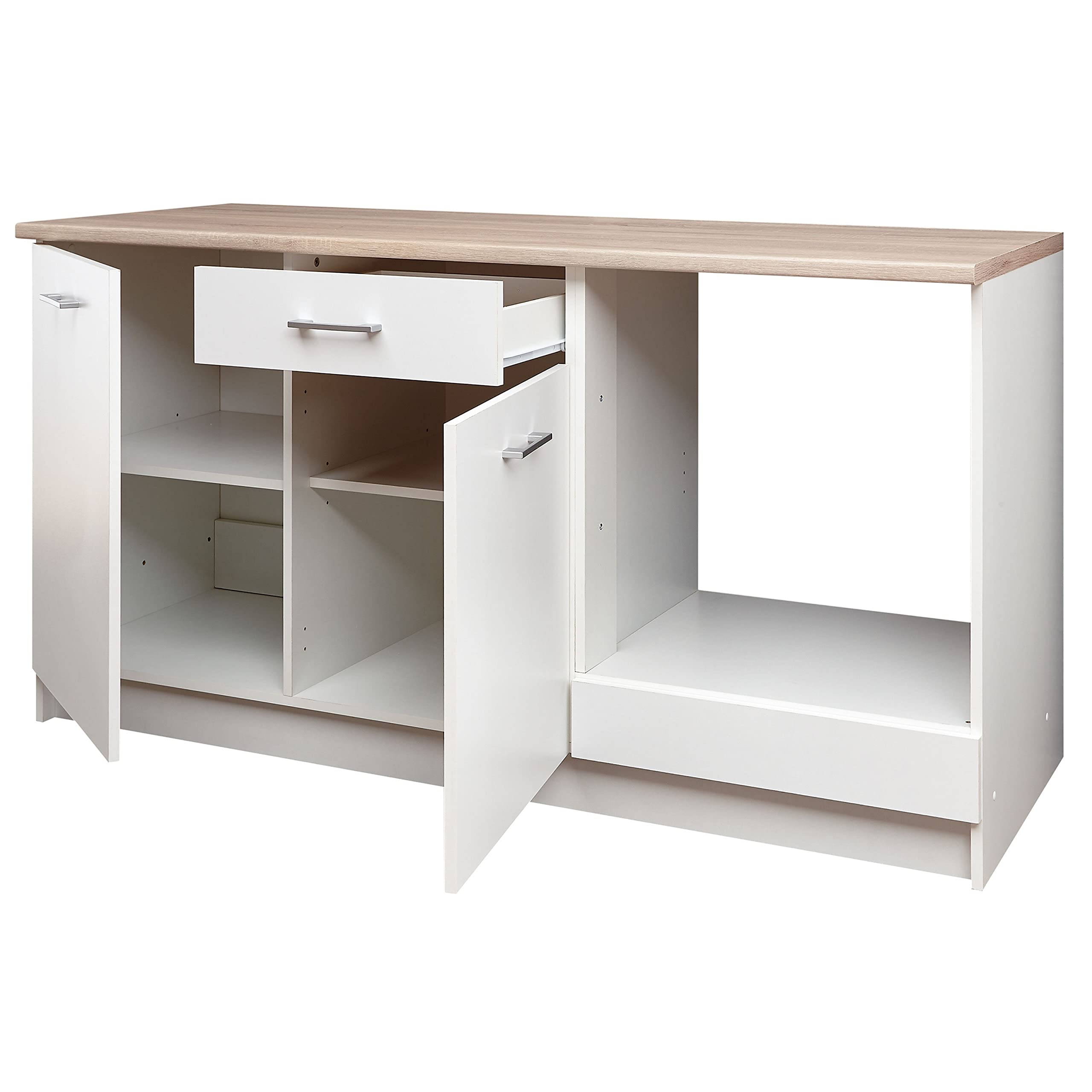 Stella Trading WOW Moderne Küchenzeile ohne Elektrogeräte in Eiche Sonoma Optik, Weiß - Geräumige Einbauküche mit viel Stauraum - 160 x 85 x 60 cm (B/H/T)