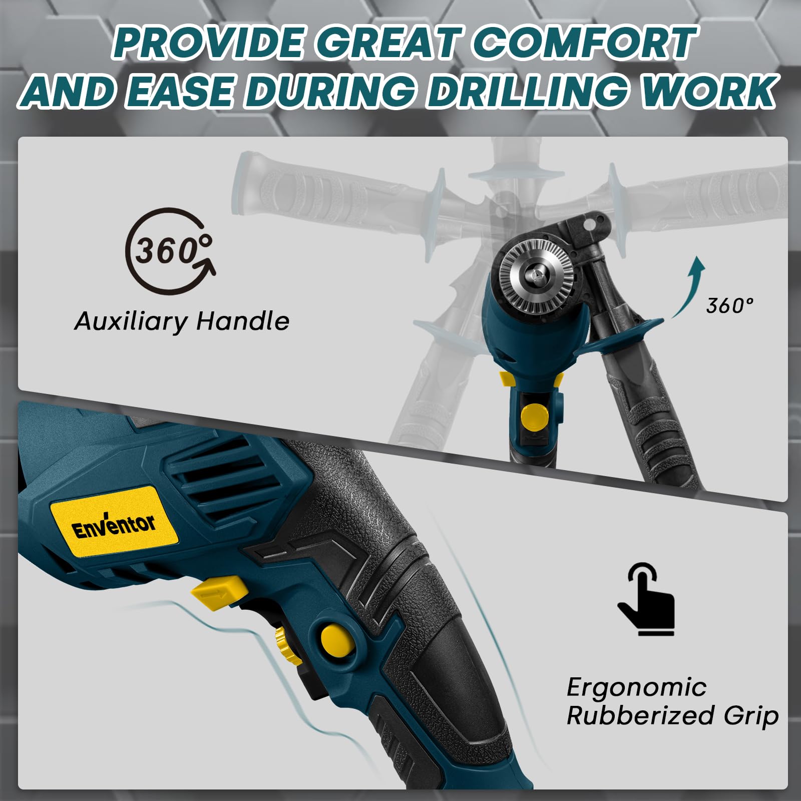 Enventor 7.5 Amp Hammer Drill, 1/2 Inch Electric Drill Hammer, 900W 0-3000RPM Variable Speed, 360° Auxiliary Handle, Lightweight Corded Hammer & Drill 2 in 1 with 9pcs Bit for Metal, Wood, Blue