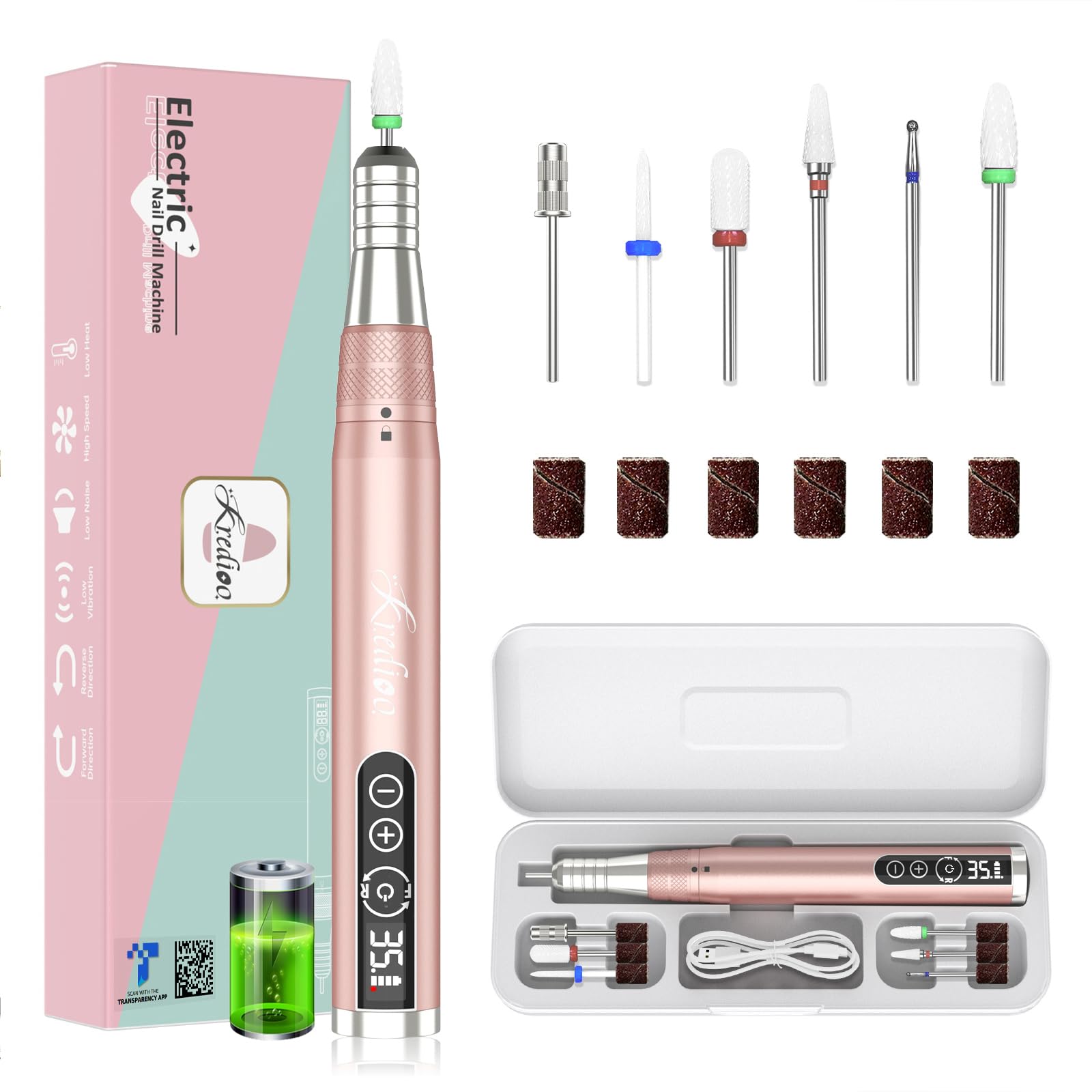 Kredioo 35000RPM Nail Drill Cordless, Rechargeable Portable Electric File with Mandrel Bit Sanding Band Efile Kit for Acrylic Nails Gel Polish Manicure Pedicure Salon Quality