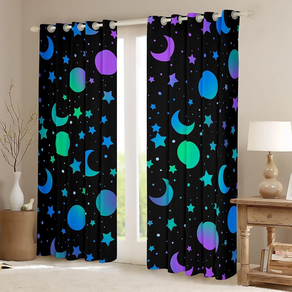 Castle Fairy Stars Moon Window Drapes for Girls Boys Neon Gradient Pattern Blackout Curtains Cute Polka Dots Window Curtains Living Room Bedroom Decor Black Blue Purple 2 Panel Sets,38Wx45L inch
