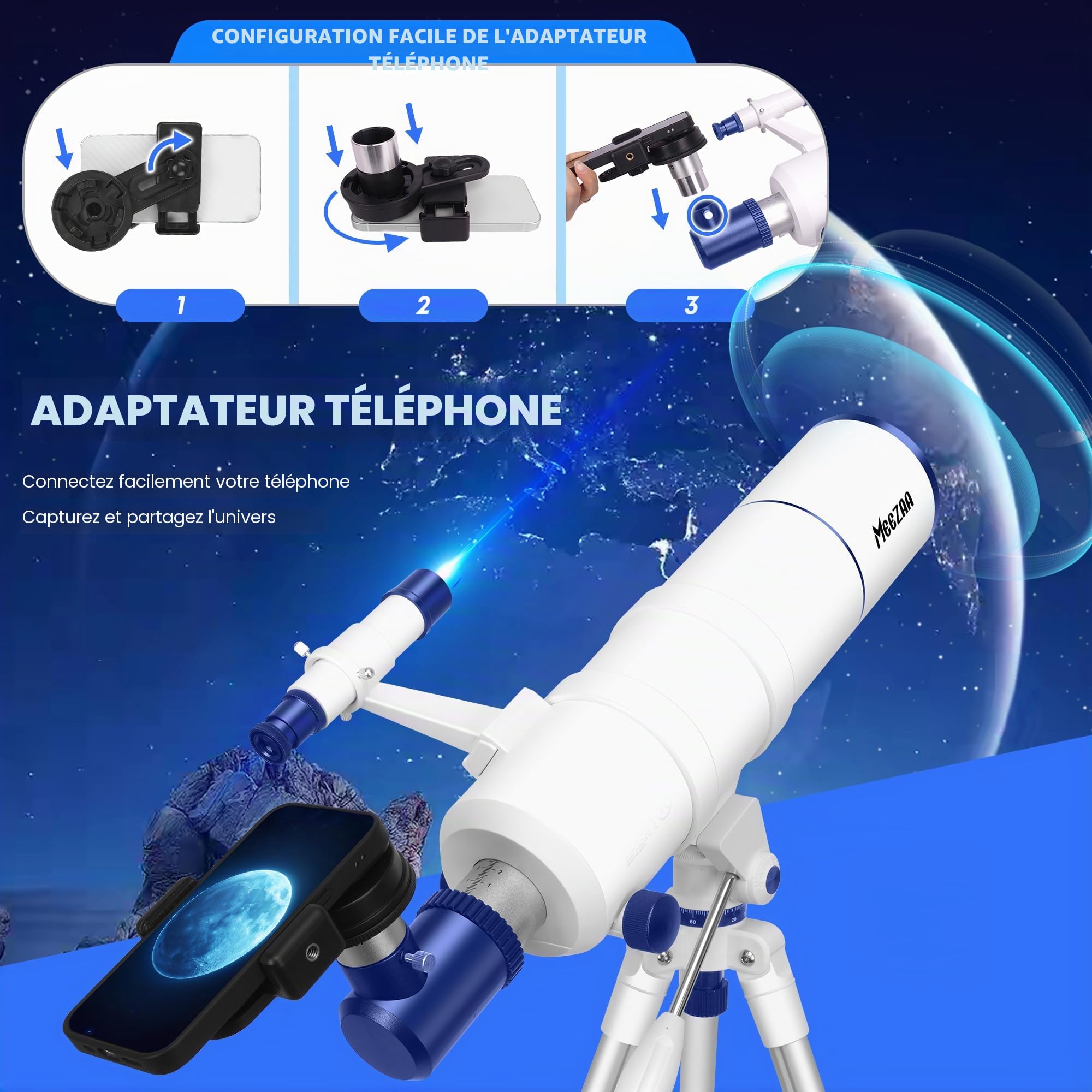 MEEZAA Télescope, Télescope Astronomie Professionnel pour Adultes, 90mm Ouverture 550mm Télescope Réfracteur Astronomique pour Enfants et Débutants, Télescope de Voyage Portable avec Trépied, Filtre