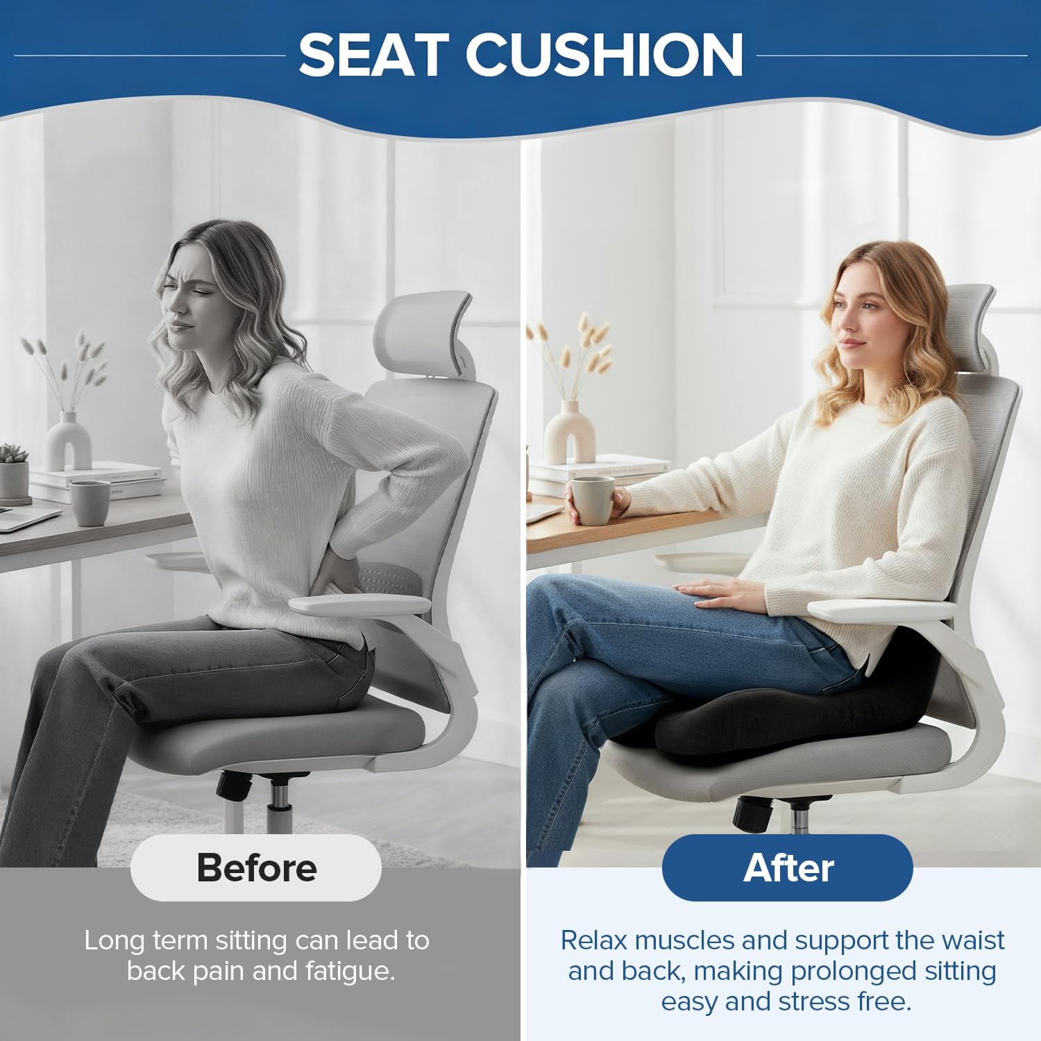 Urban Deco Seat Cushion, Memory Foam Seat Cushion for Office Chair with L-Shaped Design, Ergonomic Back and Seat Pad Cushion for Car, Driving, Office, Dark Black
