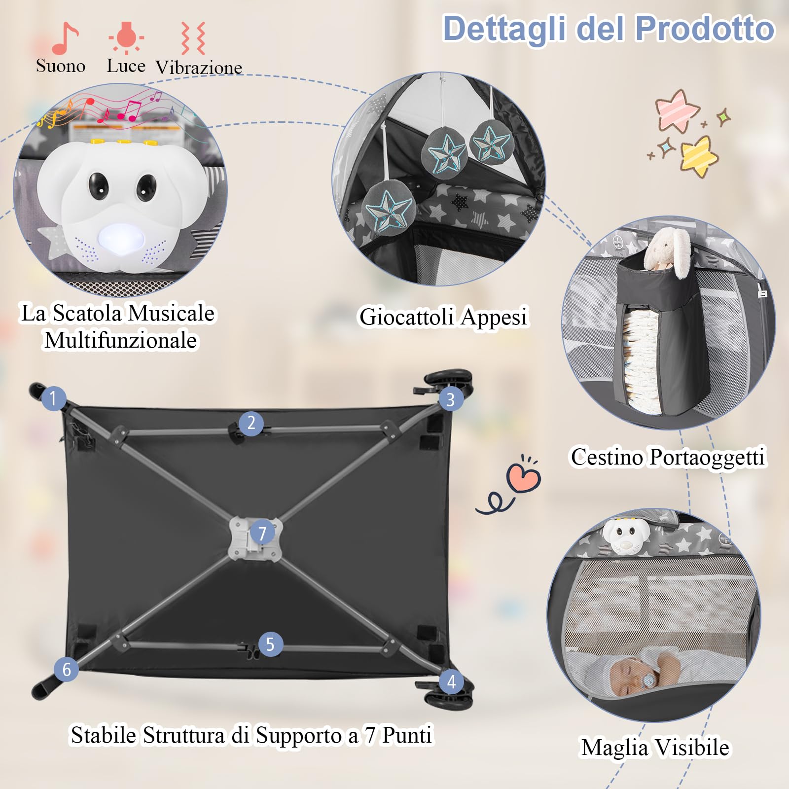 RELAX4LIFE 4 in 1 Lettino da Campeggio con Materasso per Bambini, Culla da Viaggio per Neonati con Fasciatoio, Baldacchino Retrattile con Zanzariera, Adatto a Bambini da 0 a 36 Mesi (Grigio)