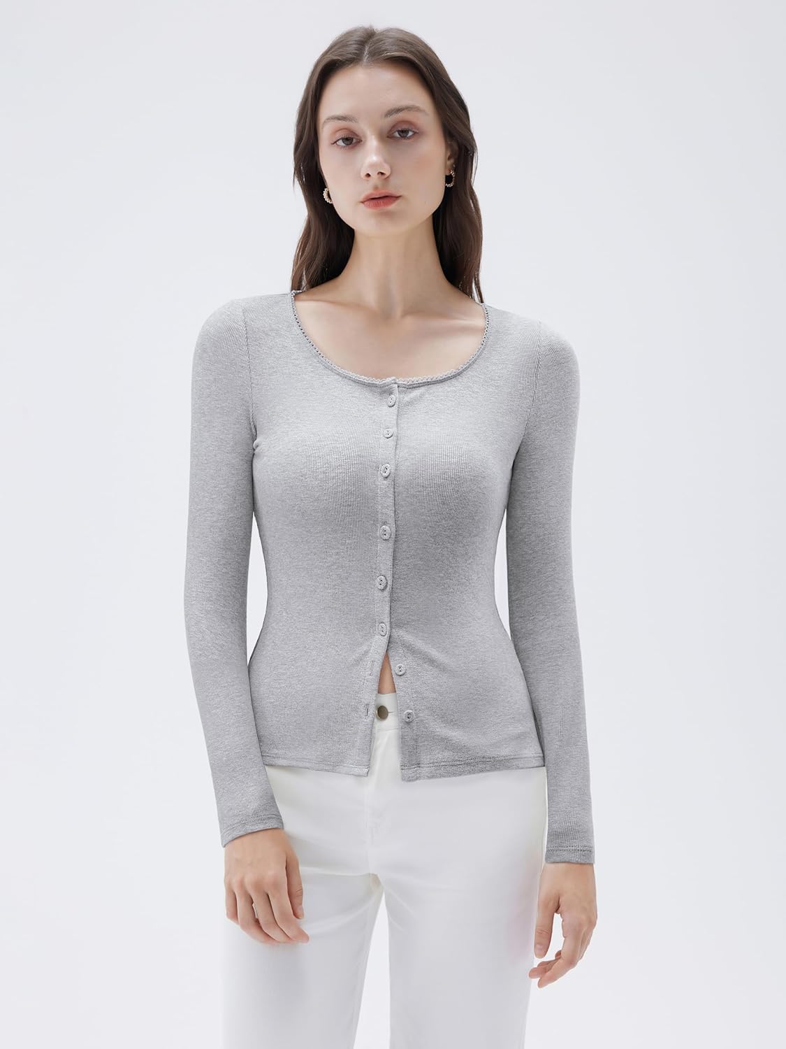 SUUKSESS Women Cotton Ribbed Long Sleeve Tops Button Down Crew Neck Lace Line Going Out Fitted Shirts - Image 2