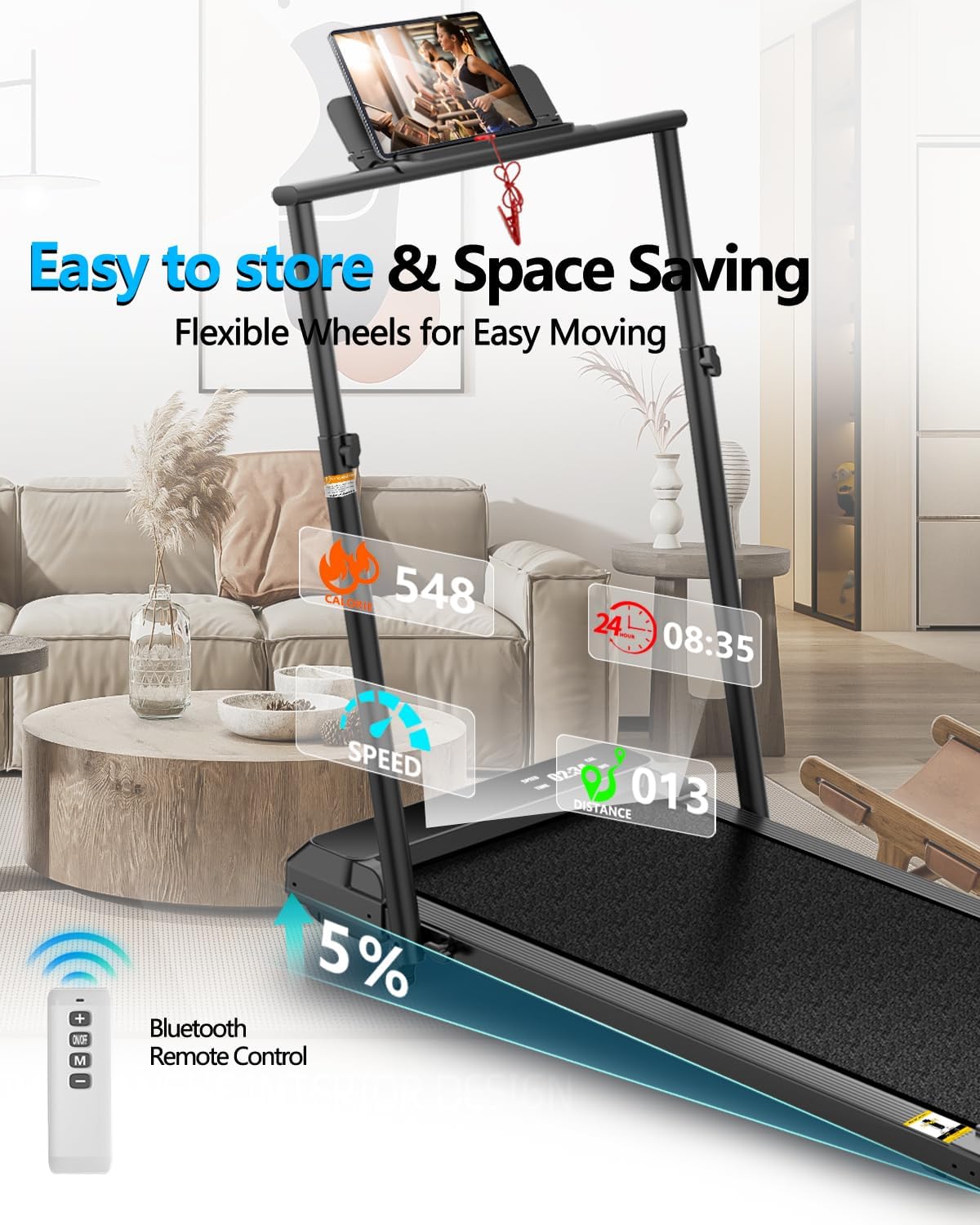 Walking Pad with Adjustable Handle Bar, Walking Pad Under Desk Treadmill with Remote Control and LED Display, 3 in 1 Foldable Treadmill for Home and Office, 2.5 HP Walking Pad with Incline - Image 3