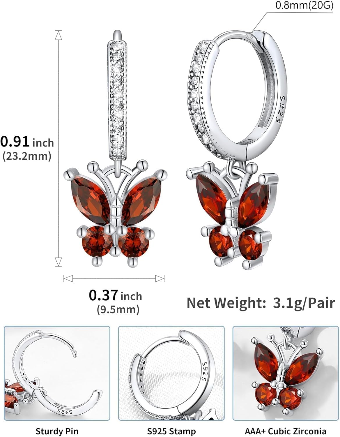 SILVERCUTE 925 Sterling Silver Butterfly Earrings - Hypoallergenic Birthstone Earrings for Women, Butterfly Dangle Earring,Dainty Birthday Gifts for Women/Her - Image 6