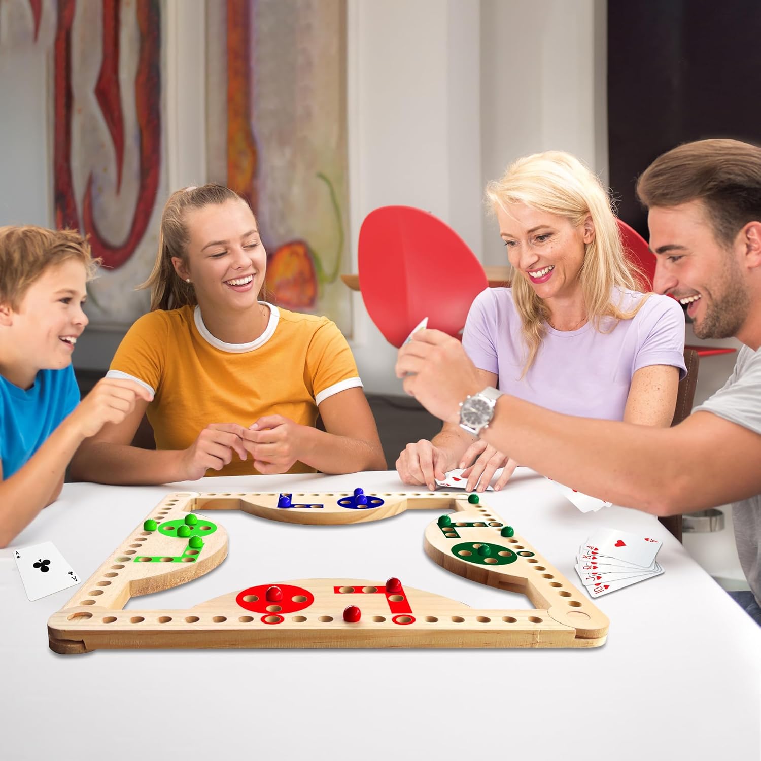 Solid Wood Marbles and Jokers Board Game: Versatile Family Entertainment for 2-8 Players, Featuring Interlocking Game Boards, Multiple Colors, Marbles, and Card Decks Ideal for Parties and Game Nights image 8 of 9 B0DZ1SXQVB