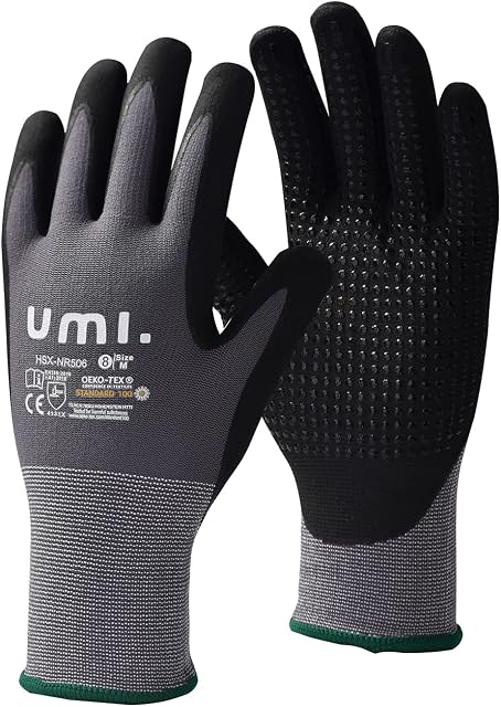 Amazon Brand-Umi Assembly Gloves with nubs 3pairs, Stretch Fit, Breathable Protective Gloves, Durable foam nitrile Coating, anti-slip, Garden Gloves for Men Women, OEKO-TEX® Standard 100 Size 8/M