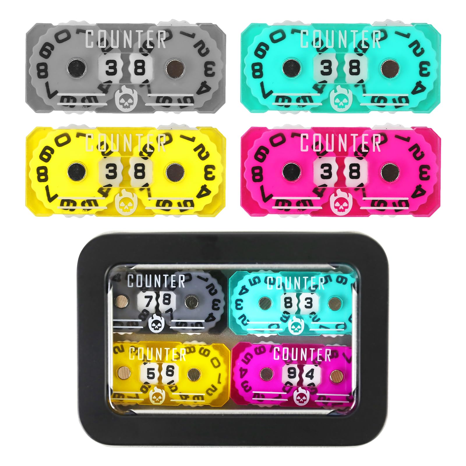 FIGURESLAB 4Pcs MTG Life Counter Twin Digits with Metal Box, Tracker Life Counter for Board Games, Compatible with Magic the gatering Accessories RPG D&D CCG TCG Tabletop Board Games