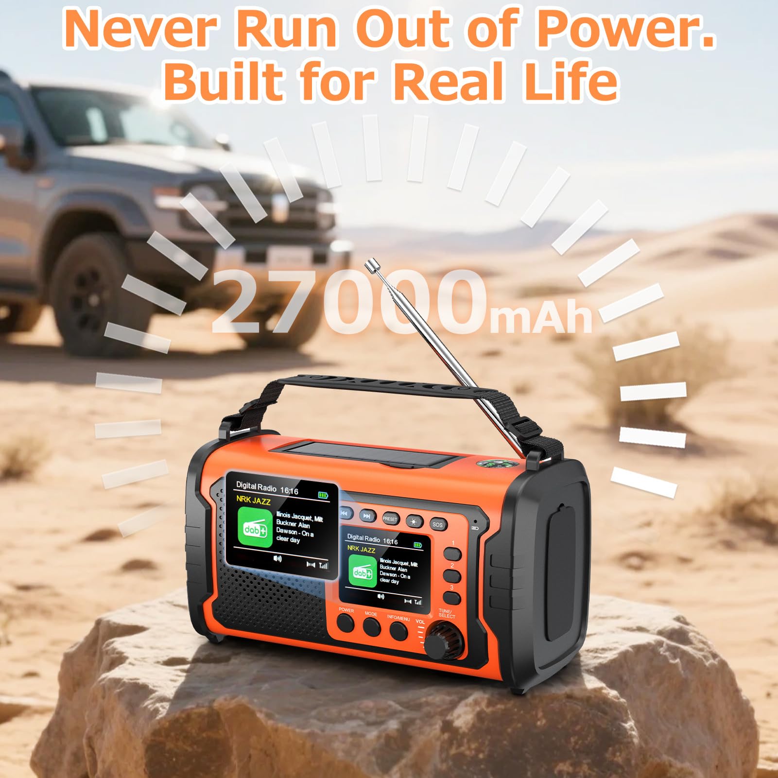 27000mAh DAB/DAB+ Notfallradio mit Kurbel, Solar & USB Laden, Bluetooth 5.3, Powerbank-Funktion, SOS Signal, Heller Taschenlampe, Leselampe, Kompass, TF-Karte und robustem Outdoor-Design, Orange