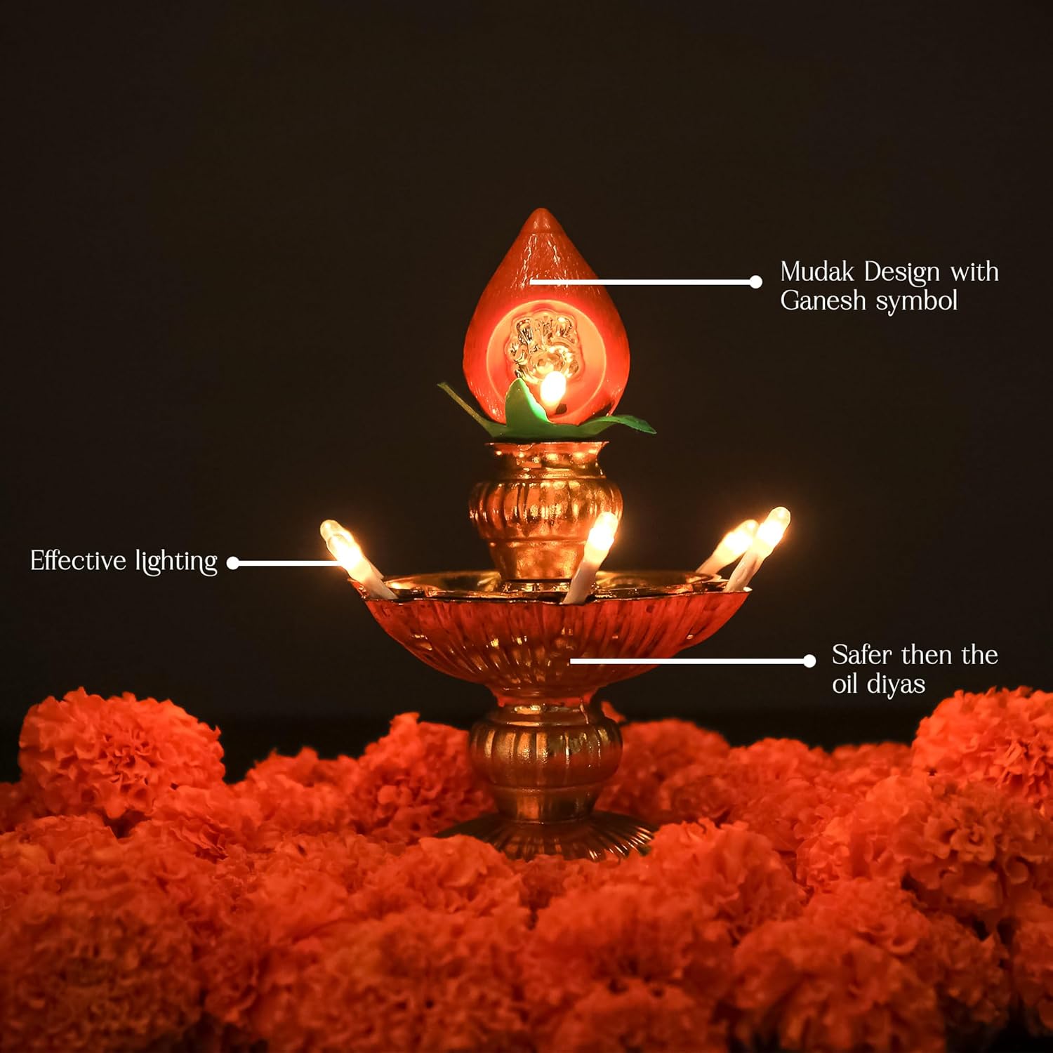 Electric Plastic Diya Lamp | Pooja Diya with LED Spark | Golden Electric Diya for Home Temple Décor | Mandir Diya for Diwali, Navratri & Festive Lighting (1 Layer, 1)