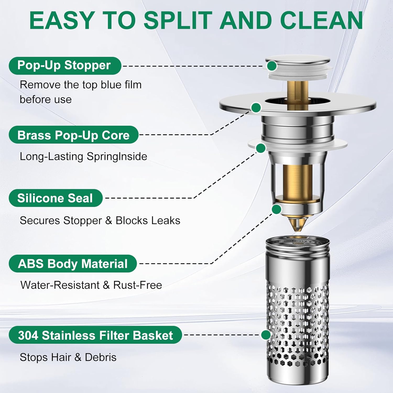 Bathroom Sink Drain Strainer,Universal Pop-Up Sink Stopper Hair Catcher, Anti-Clog Stainless Steel Drain Filter Basket, Removable Sink Drain for Bathroom Sink Stopper Replacement - Image 6