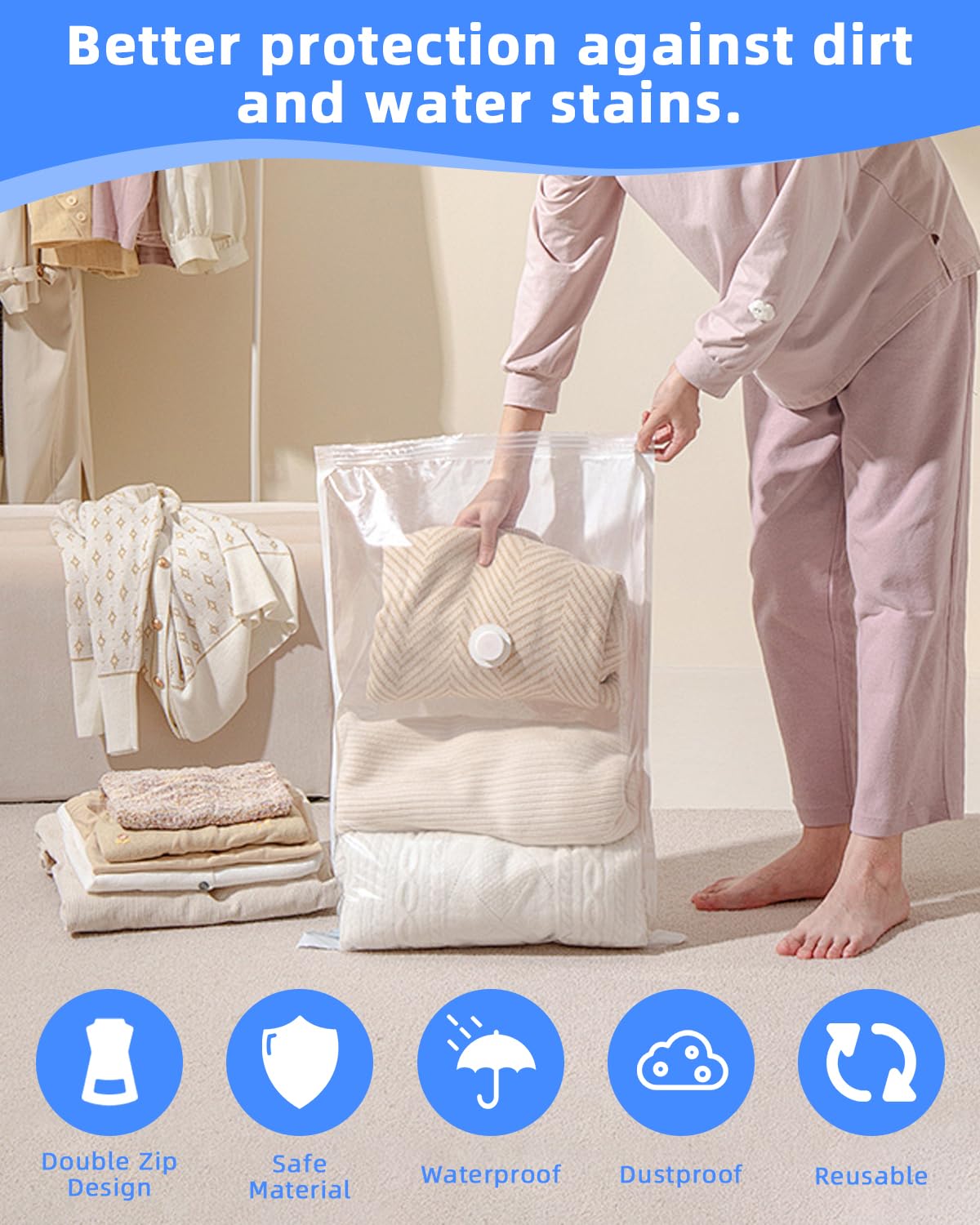 Sacchetti Sottovuoto per Piumoni e Vestiti con Pompa Elettrica (2 Jumbo, 2 Grandi, 2 Medi, 2 Piccoli) Sacchetti Sottovuoto Vestiti Viaggio Riutilizzabili Salvaspazio