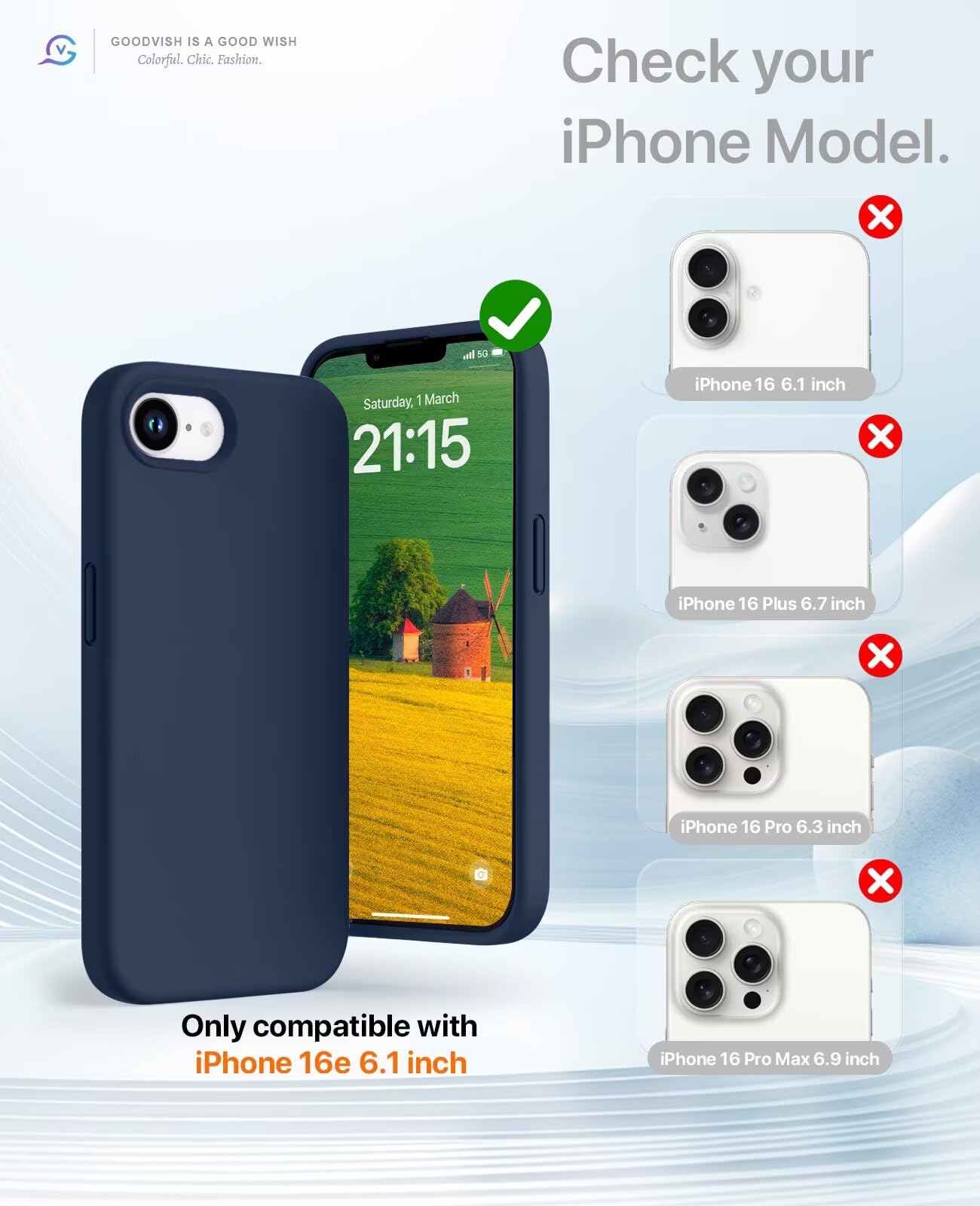 GOODVISH 3 in 1 Silicone Cover per iPhone 16e 6.1", Custodia con 2 Pellicola Vetro Temperato [Protezione Fotocamera] Protezione Anticaduta Case per Cellulare Antiurto Resistente, Blu Navy