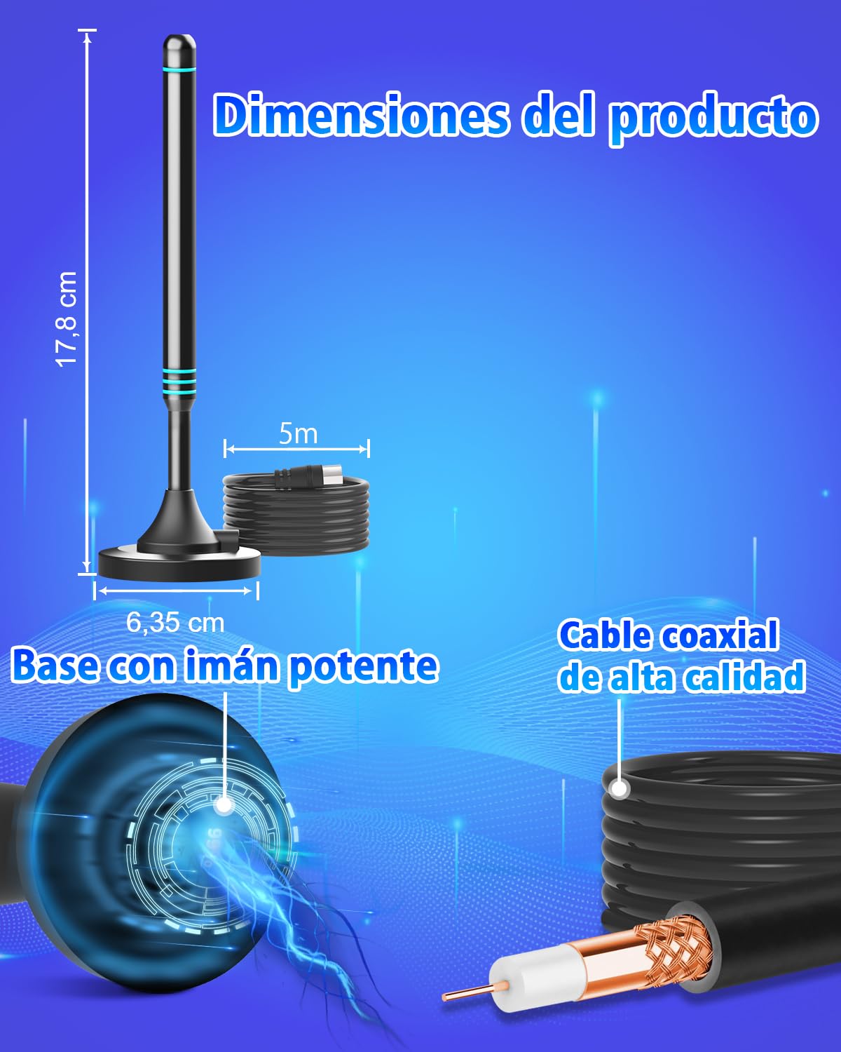 Antena TV Interior Digital 2026 – Señal Estable con Recepción 360°, Base Magnética Fuerte, Cable Coaxial de 5 m, Compatible con Smart TV 4K y 1080P, Antena TDT para Canales Locales Gratis