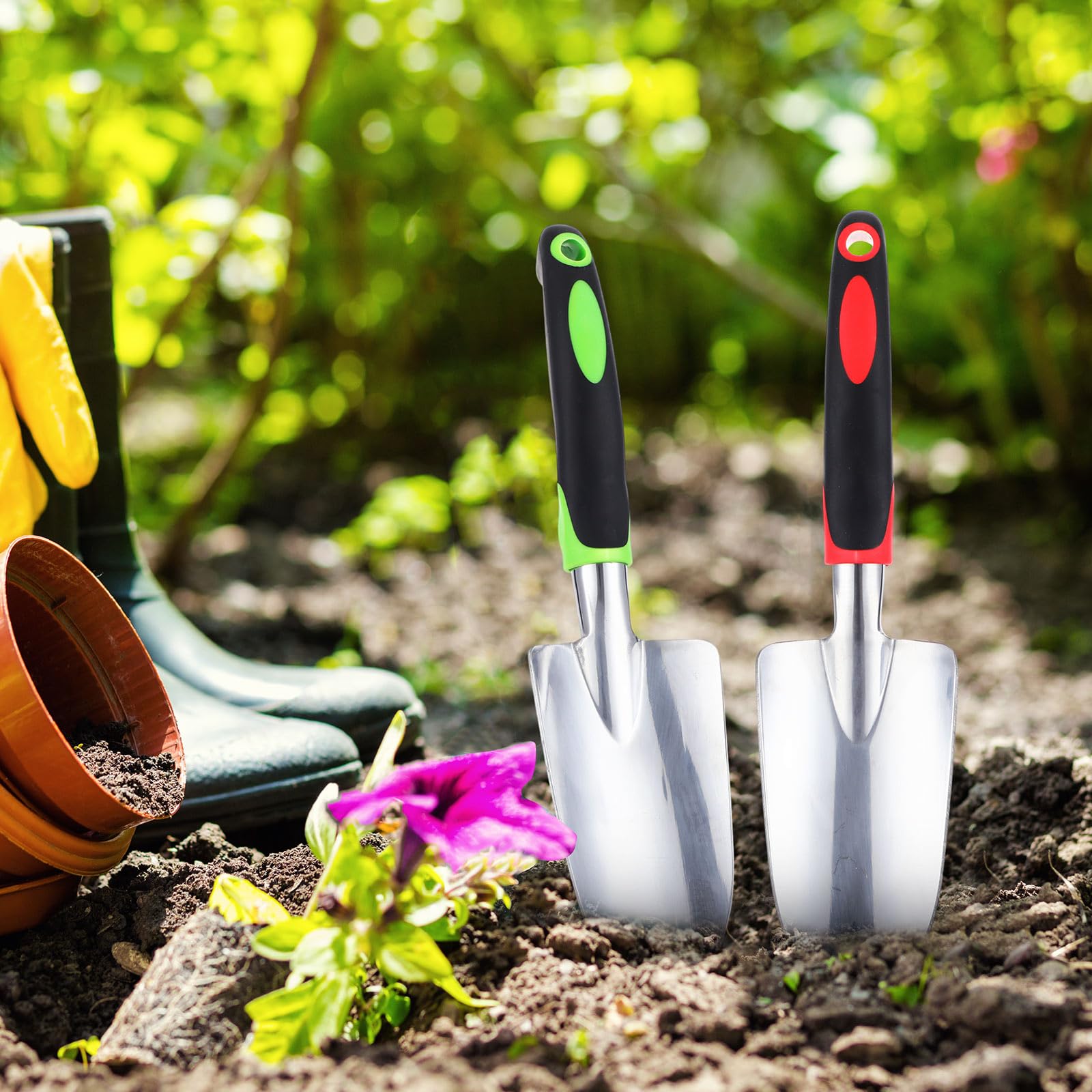 Yaocom 12 pala da giardino in lega di alluminio resistente, piccole pale da scavo in metallo, con manico morbido, per giardino, prato, cortile (pala larga, giallo, verde, arancione, rosso)