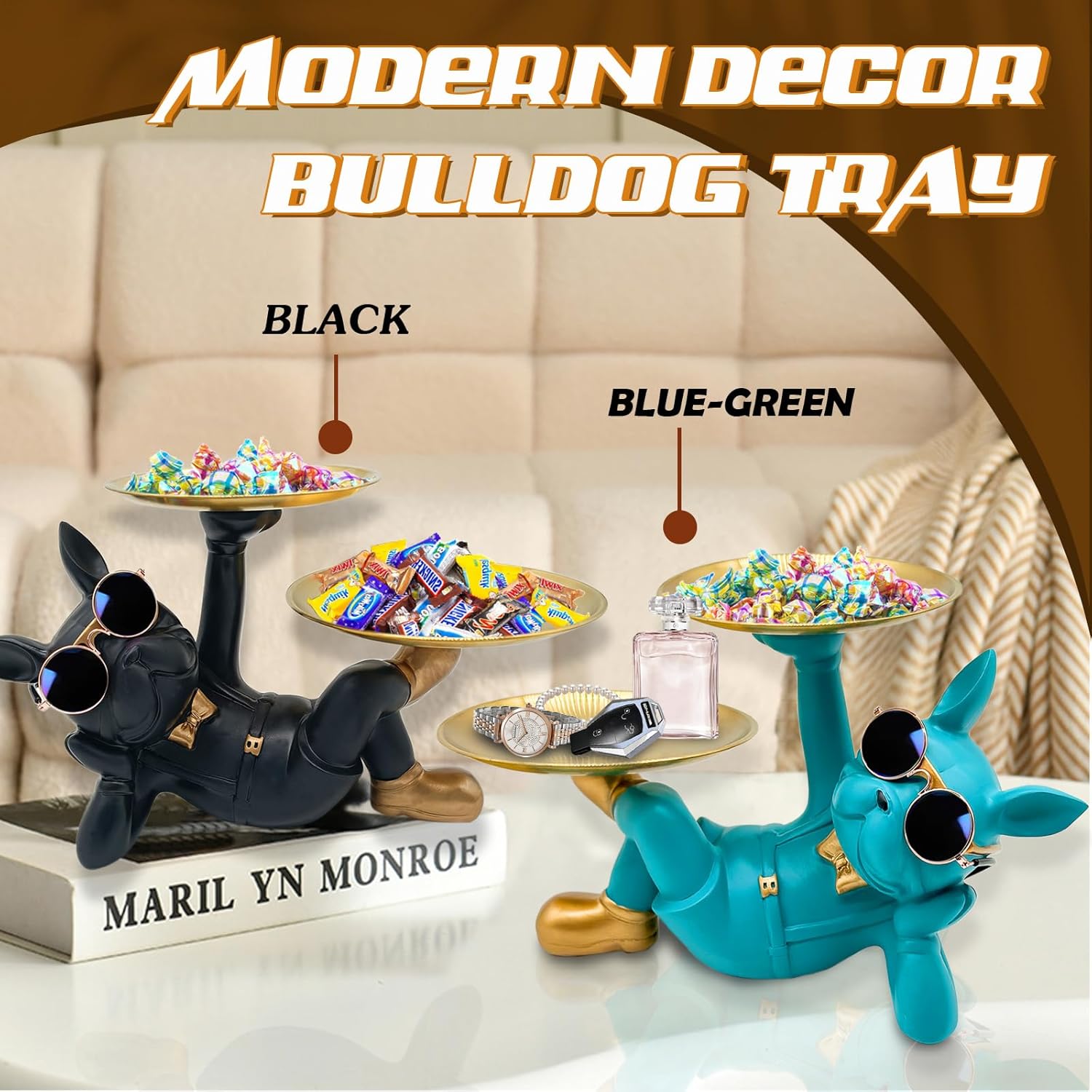 Resin French Bulldog Tray Statue, Lying Bulldog Candy Dish Key Holder Bowl, French Bulldog Accessories, Statues for Office Desk Home Decor Figurines Entryway Table Decor (Blue Green) - Image 2