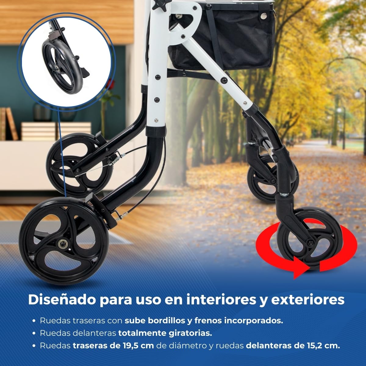 Mobiclinic®, Andador adulto, Estrecho, Olimpo, Aluminio, Plegable, Moderno, Con bolsa, Monomando, Regulable, Sistema subebordillos, Bandeja, Ruedas giratorias, Freno manual, Fácil manejo