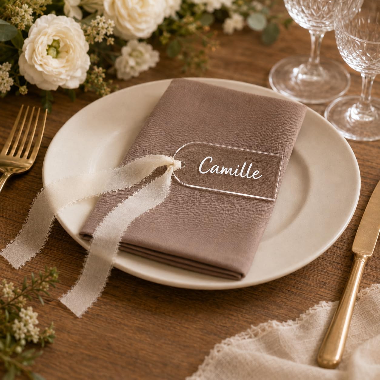 Blank 50 Clear Acrylic Place Cards with Ivory Ribbon for Weddings
