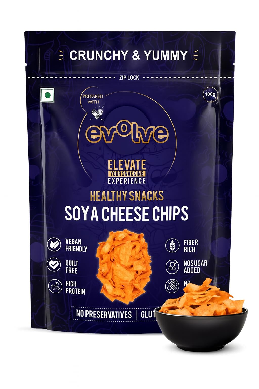 Evolve Soya Cheese Chips Healthy Snacks for Kids, Adults | Gluten Free, High Protein, Vacuum Cooked, No Preservatives, Delicious Crunchy Snack - 100g Pack of 3-image-37